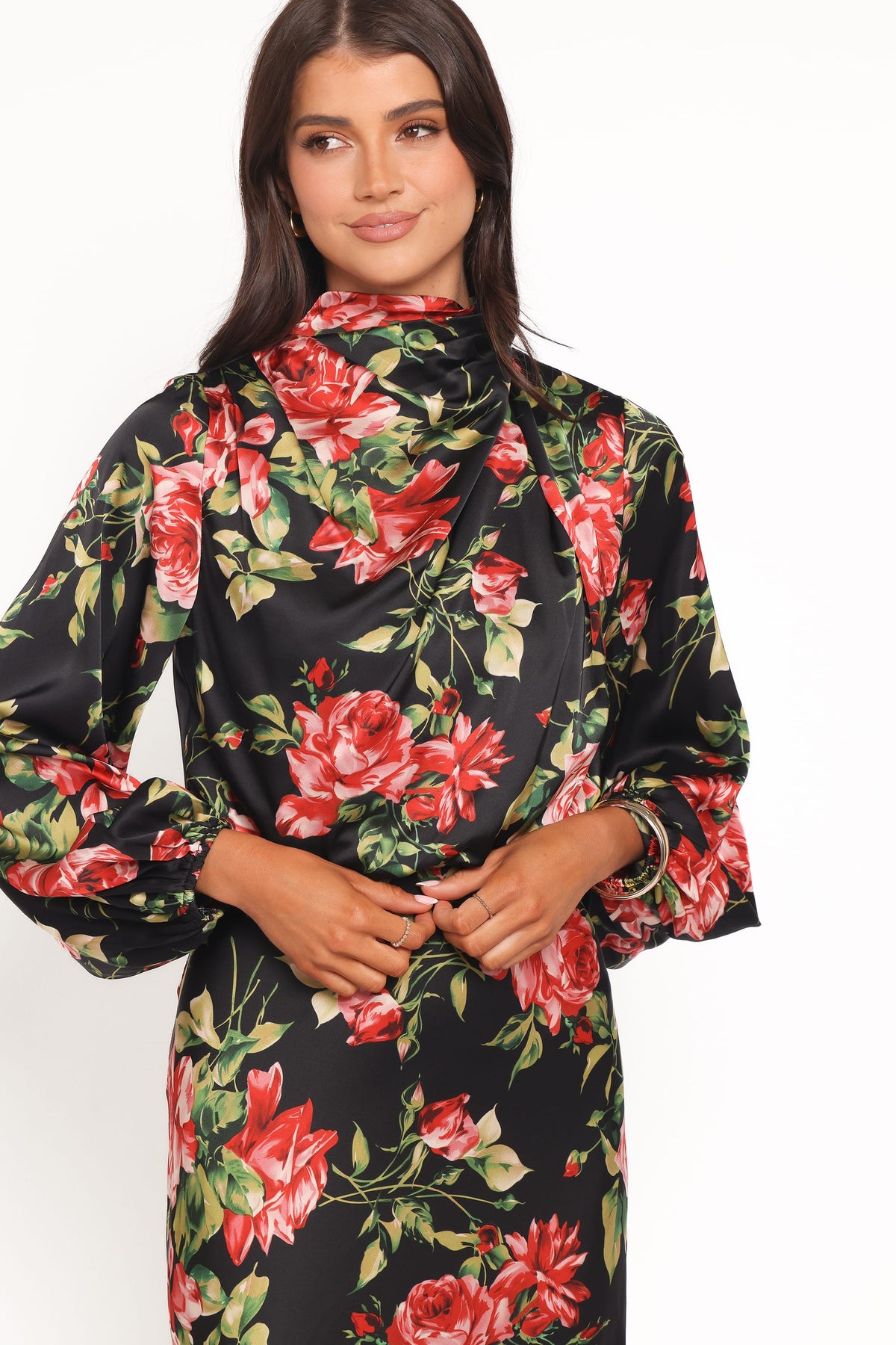 Perrie Long Sleeve Midi Dress in Black Floral – view 2 of 5
