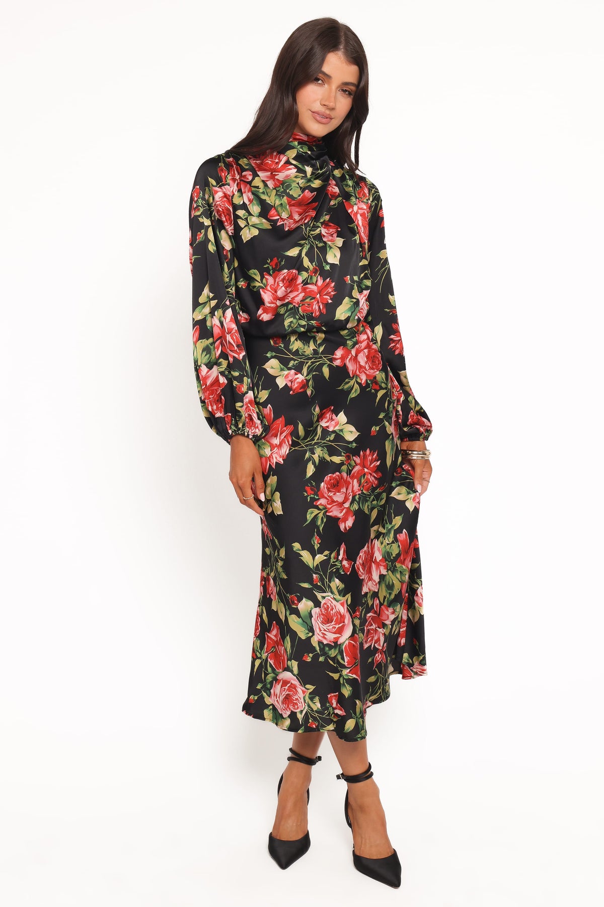 Perrie Long Sleeve Midi Dress in Black Floral – view 1 of 5