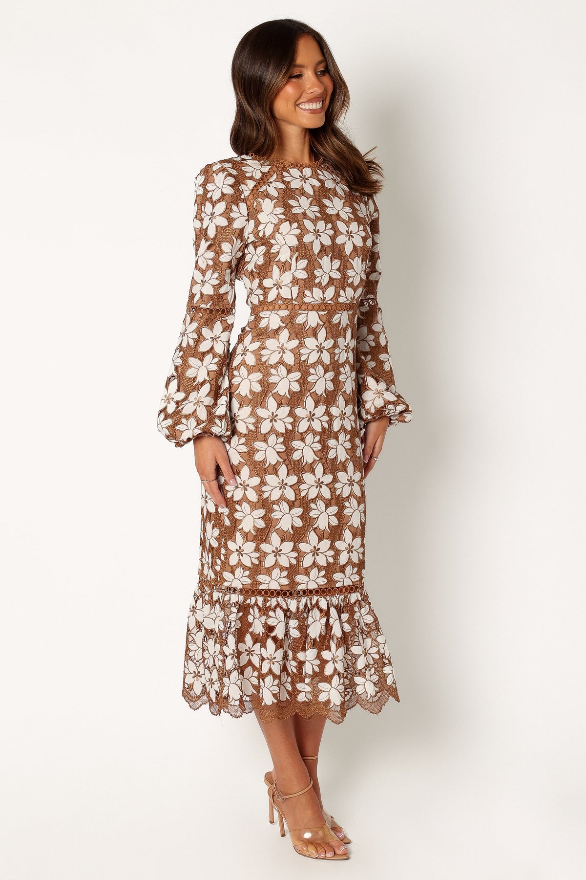 Pierre Long Sleeve Lace Maxi Dress in Mocha – view 7 of 13