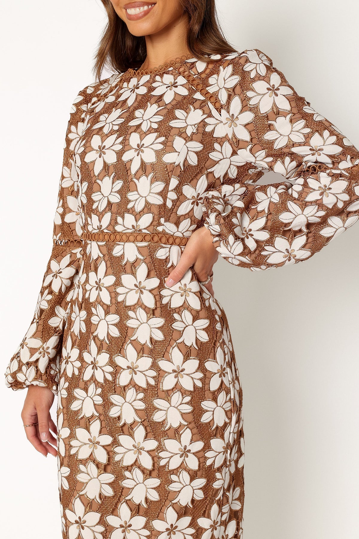 Pierre Long Sleeve Lace Maxi Dress in Mocha – view 8 of 13