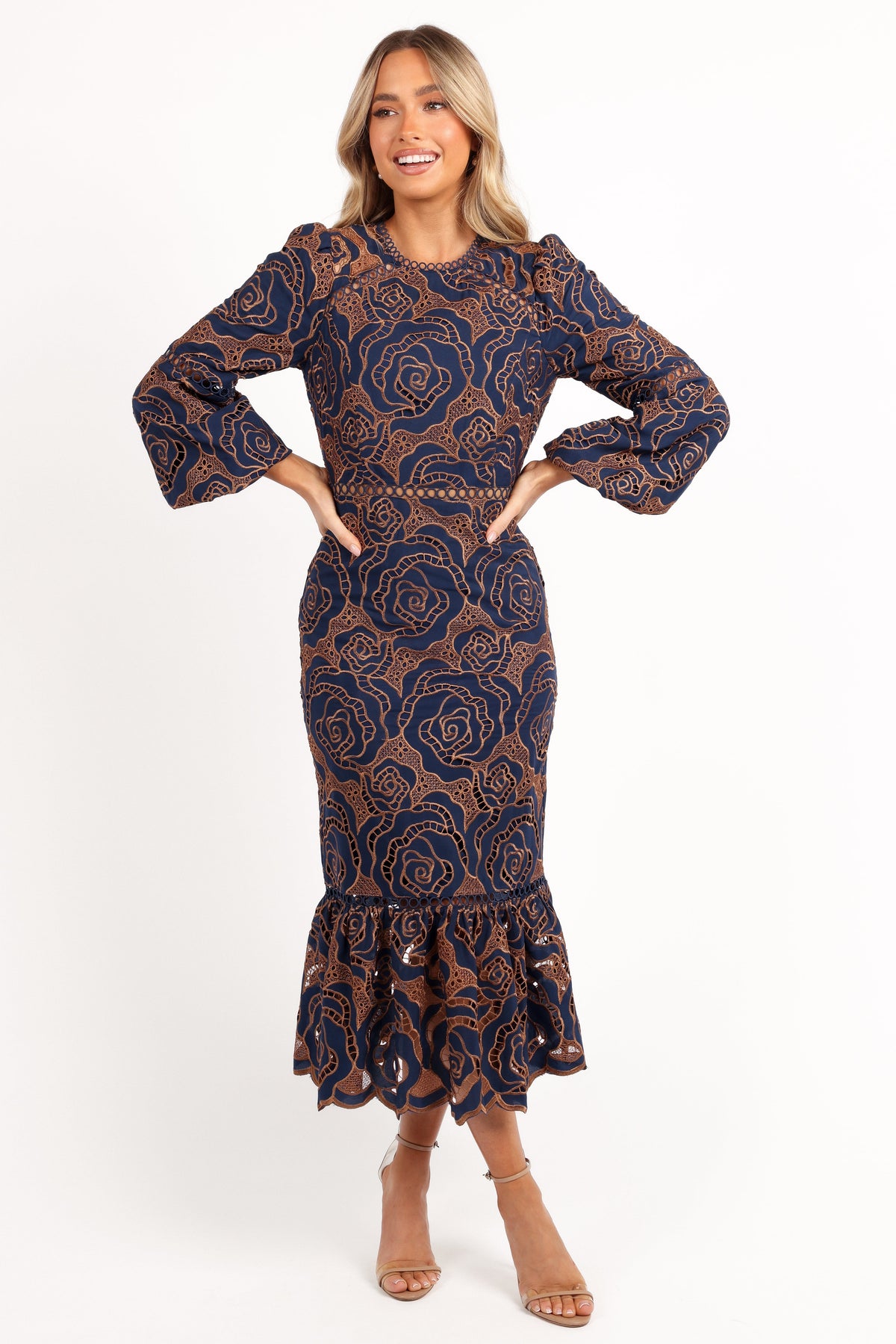Pierre Long Sleeve Lace Maxi Dress in Navy – view 1 of 6