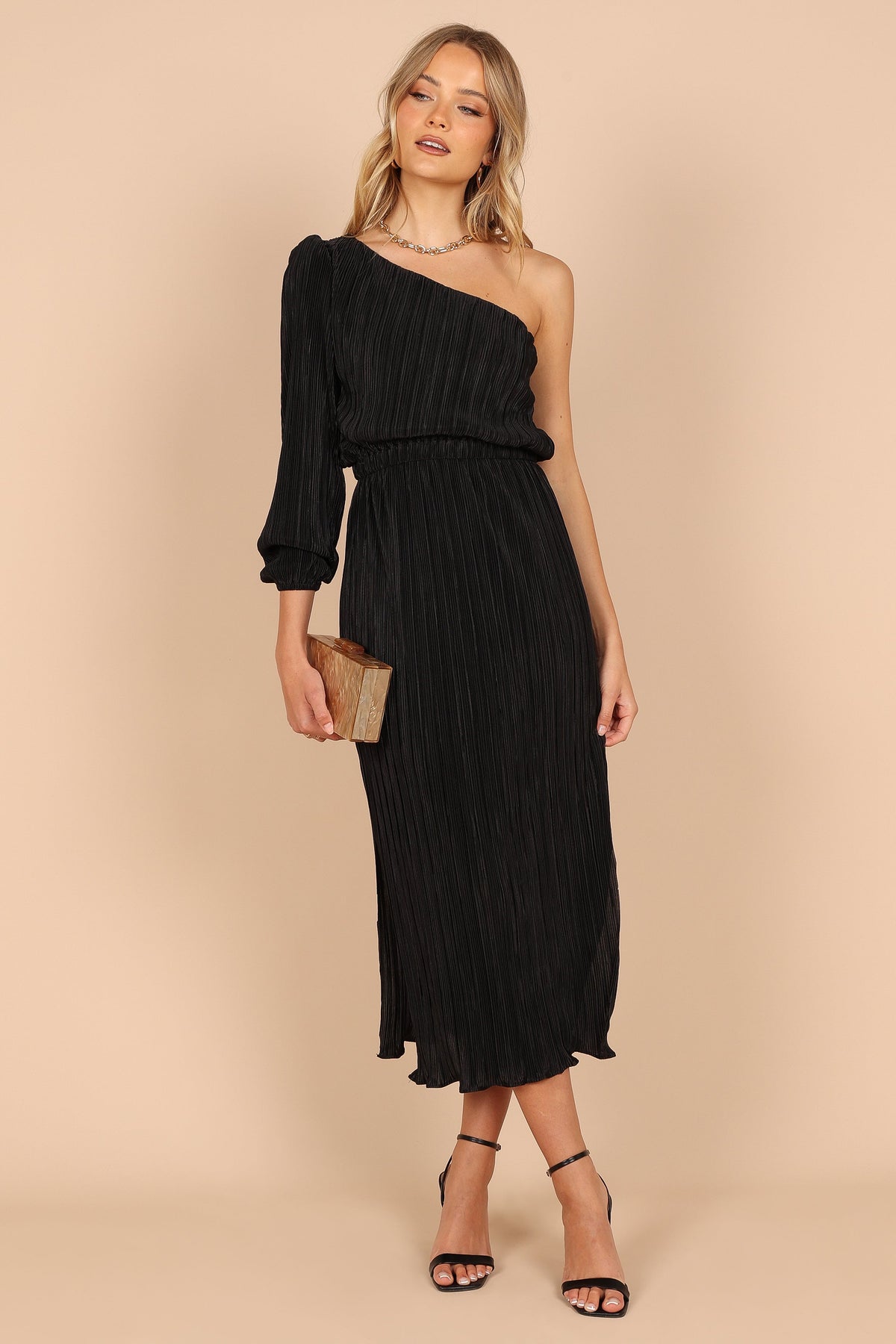 Pontee One Shoulder Pleated Midi Dress in Black – view 1 of 8