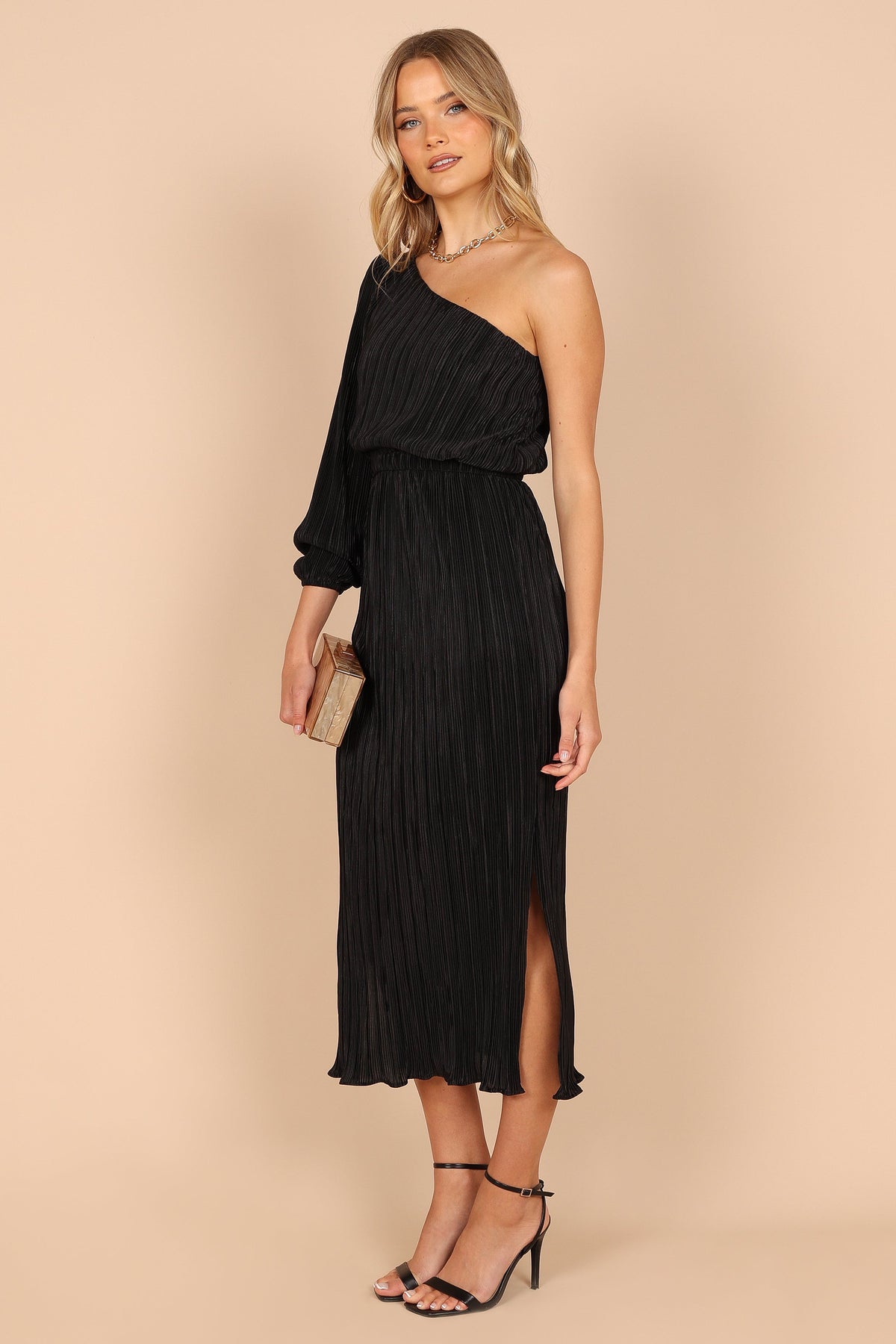 Pontee One Shoulder Pleated Midi Dress in Black – view 3 of 8
