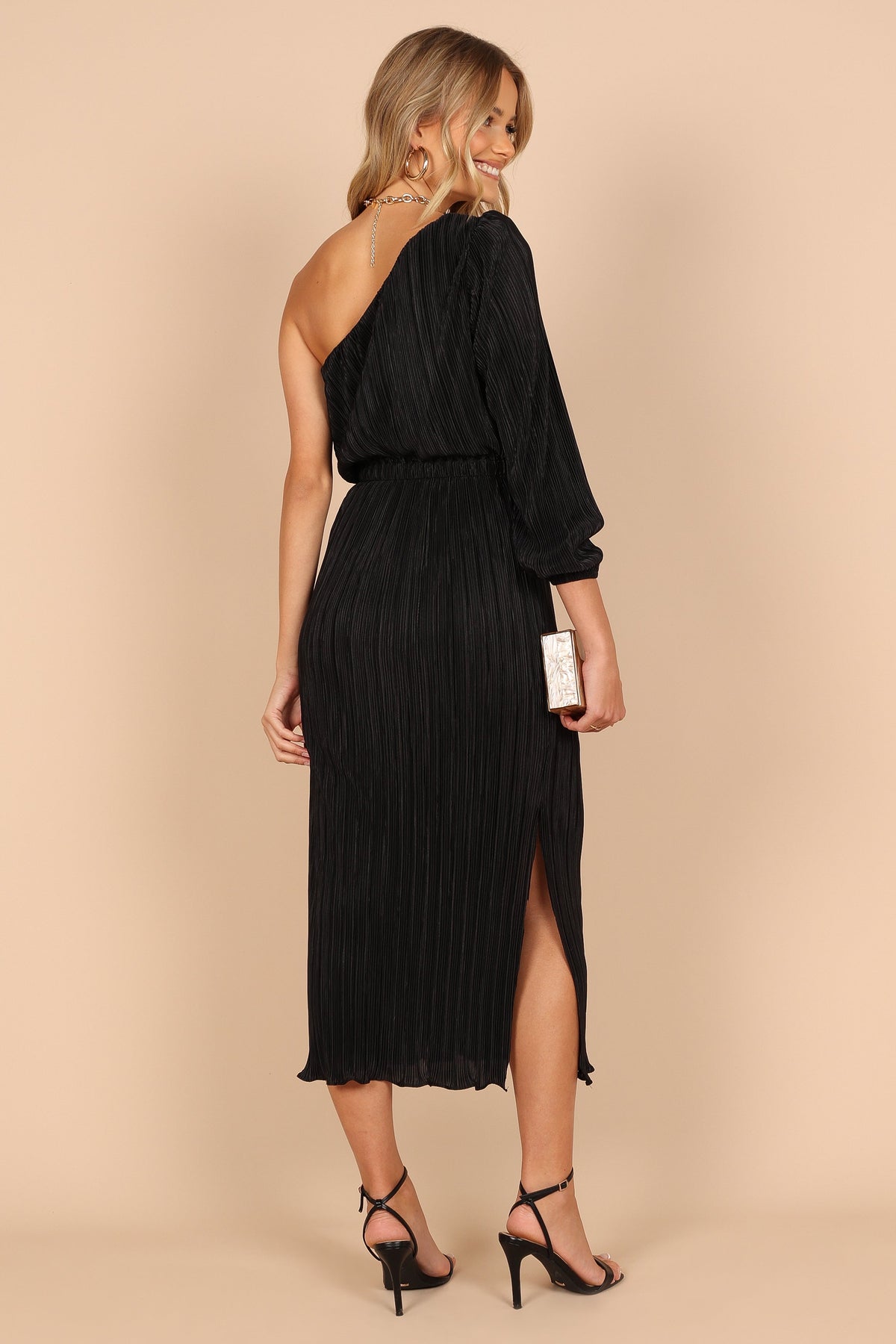Pontee One Shoulder Pleated Midi Dress in Black – view 4 of 8