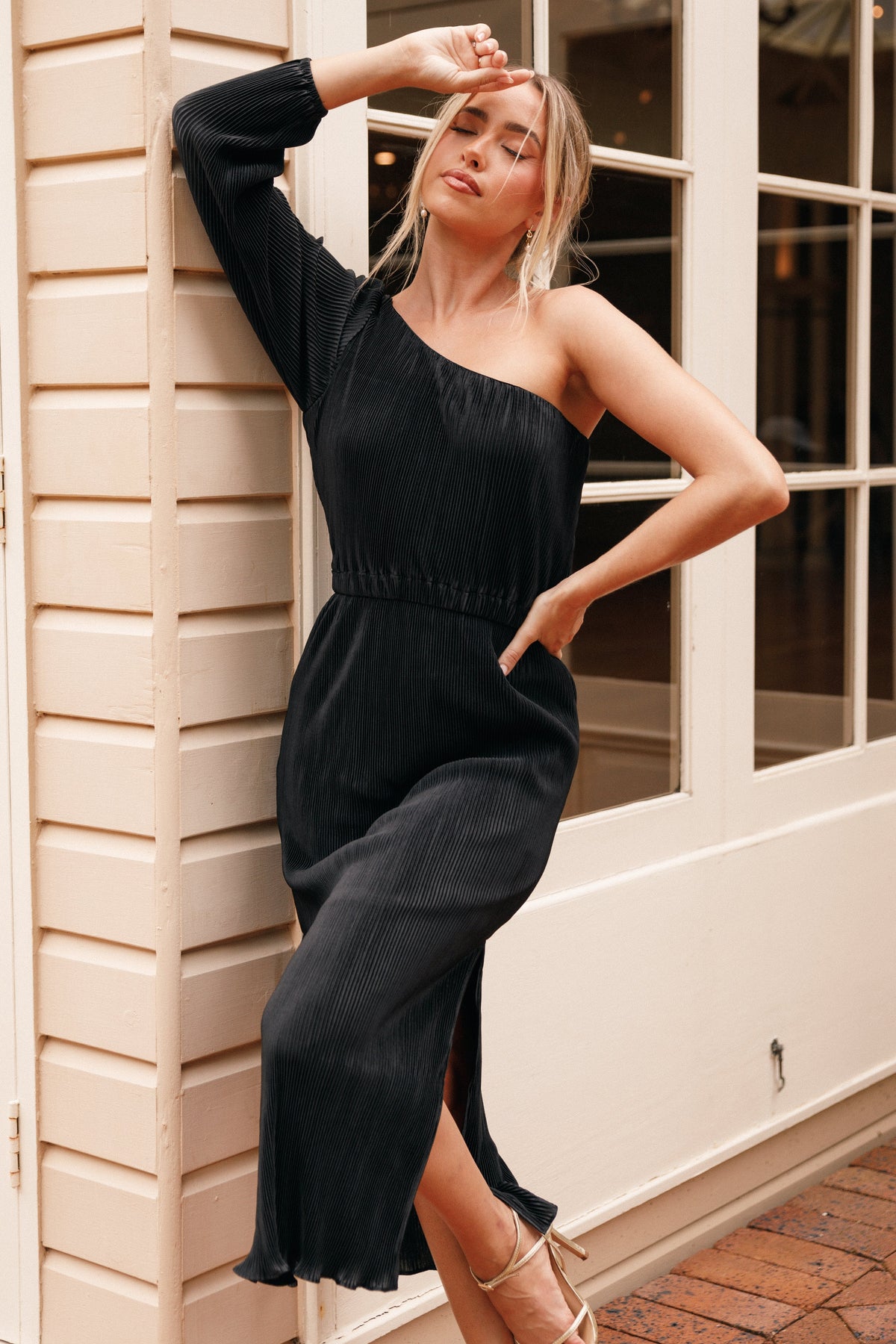 Pontee One Shoulder Pleated Midi Dress in Black – view 7 of 8