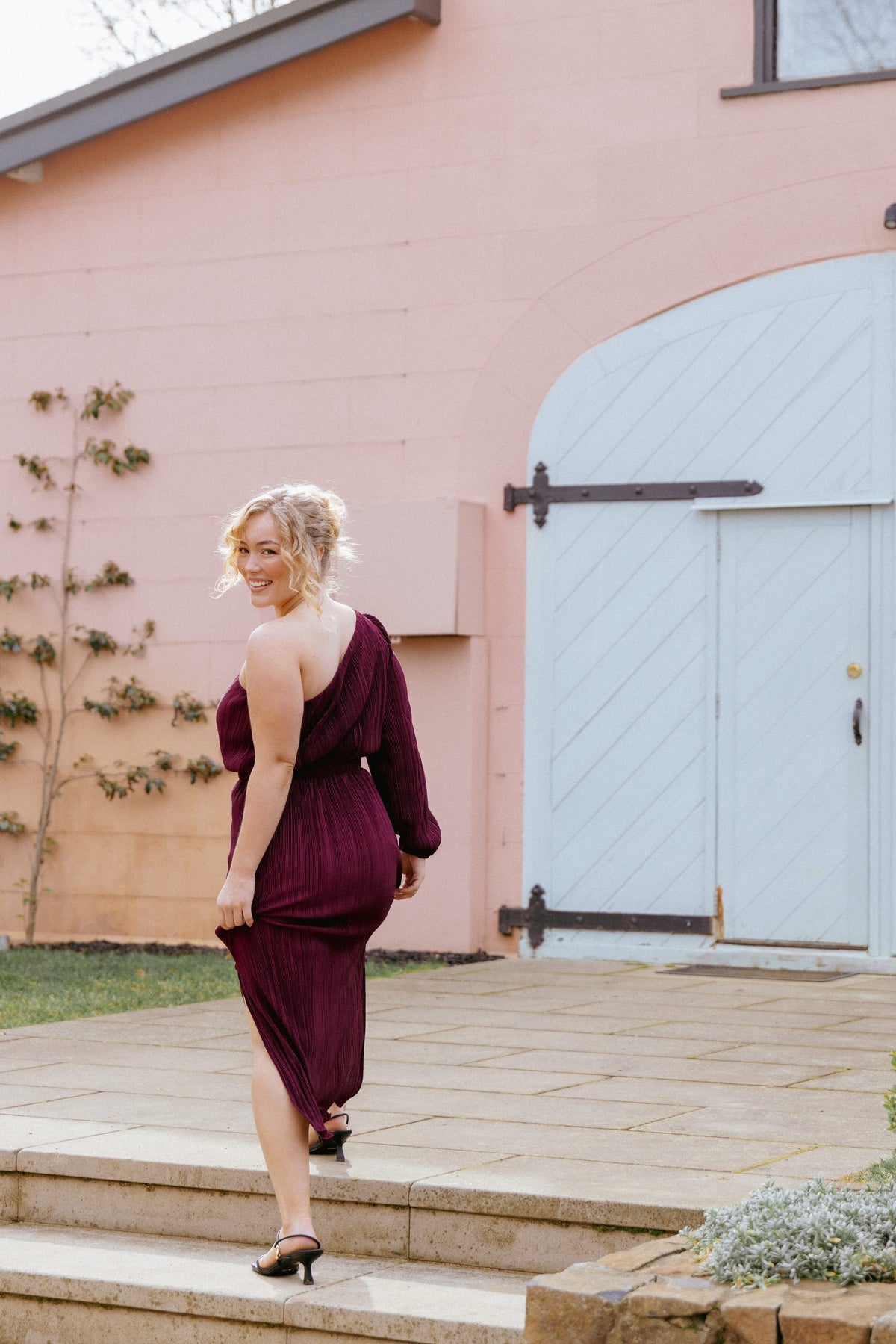 Pontee One Shoulder Pleated Midi Dress in Burgundy – view 8 of 8