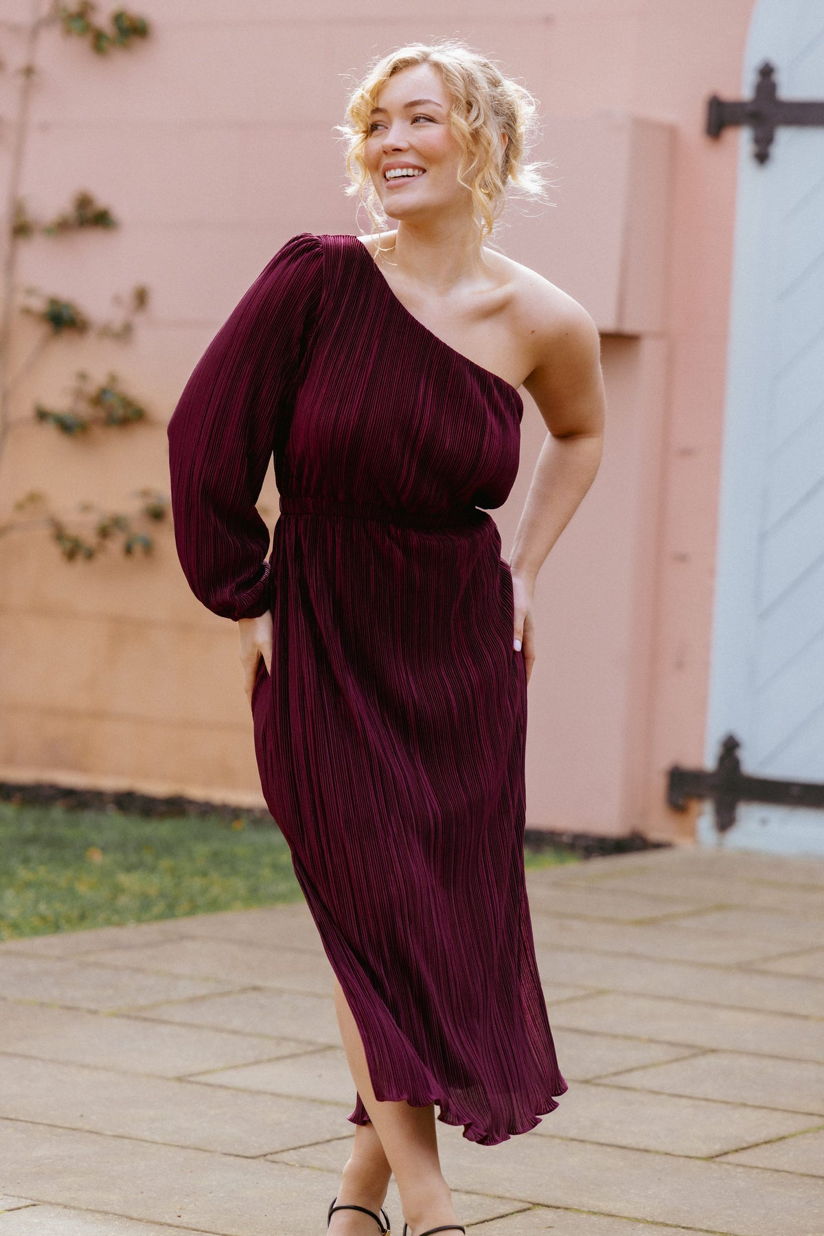 Pontee One Shoulder Pleated Midi Dress in Burgundy – view 1 of 8