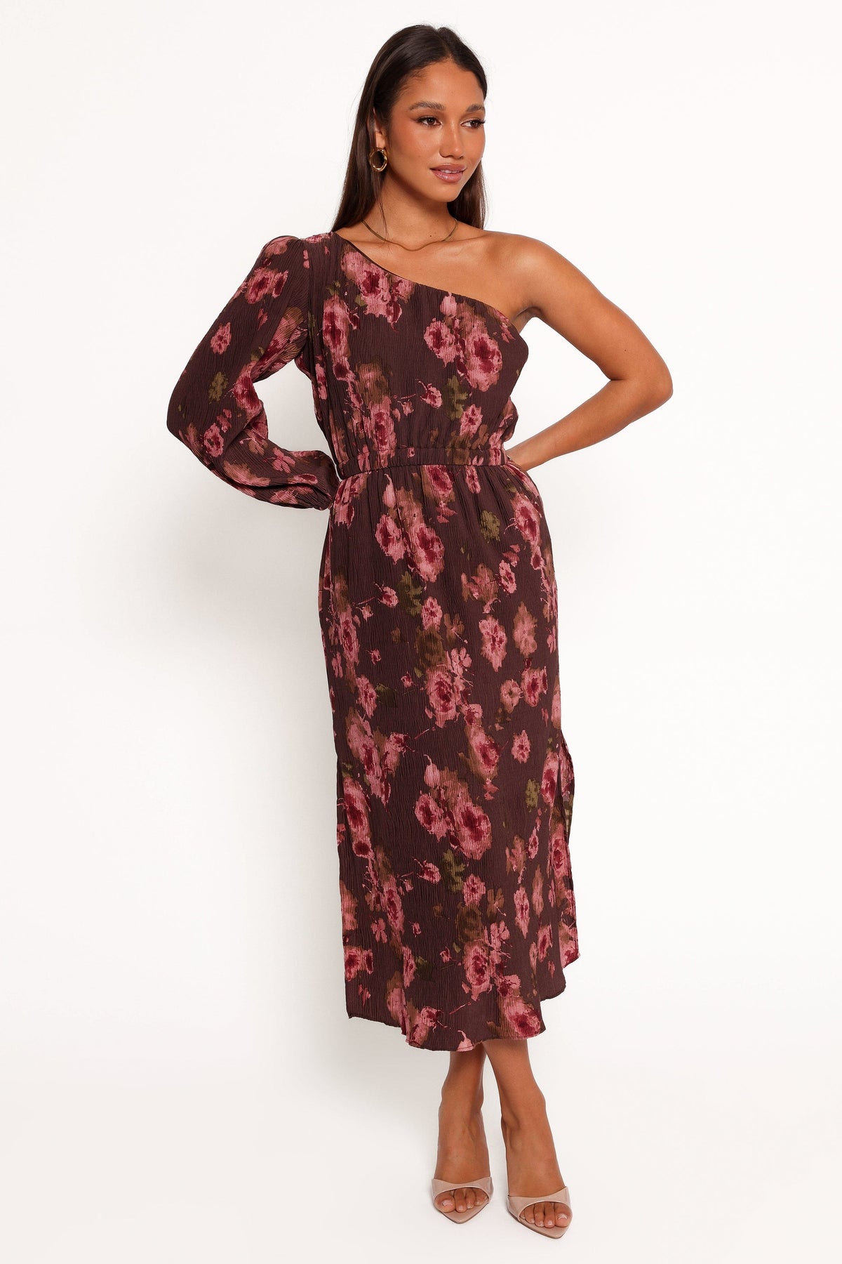 Pontee One Shoulder Pleated Midi Dress in Chocolate Brown – view 3 of 8