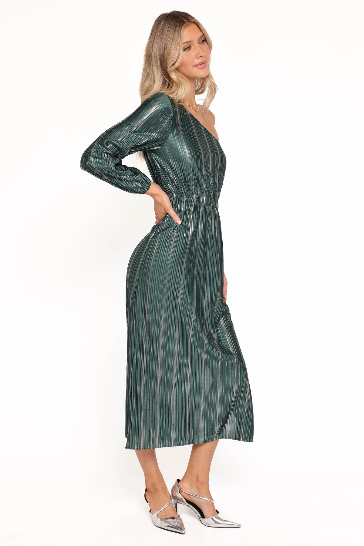 Pontee One Shoulder Pleated Midi Dress in Green – view 3 of 5