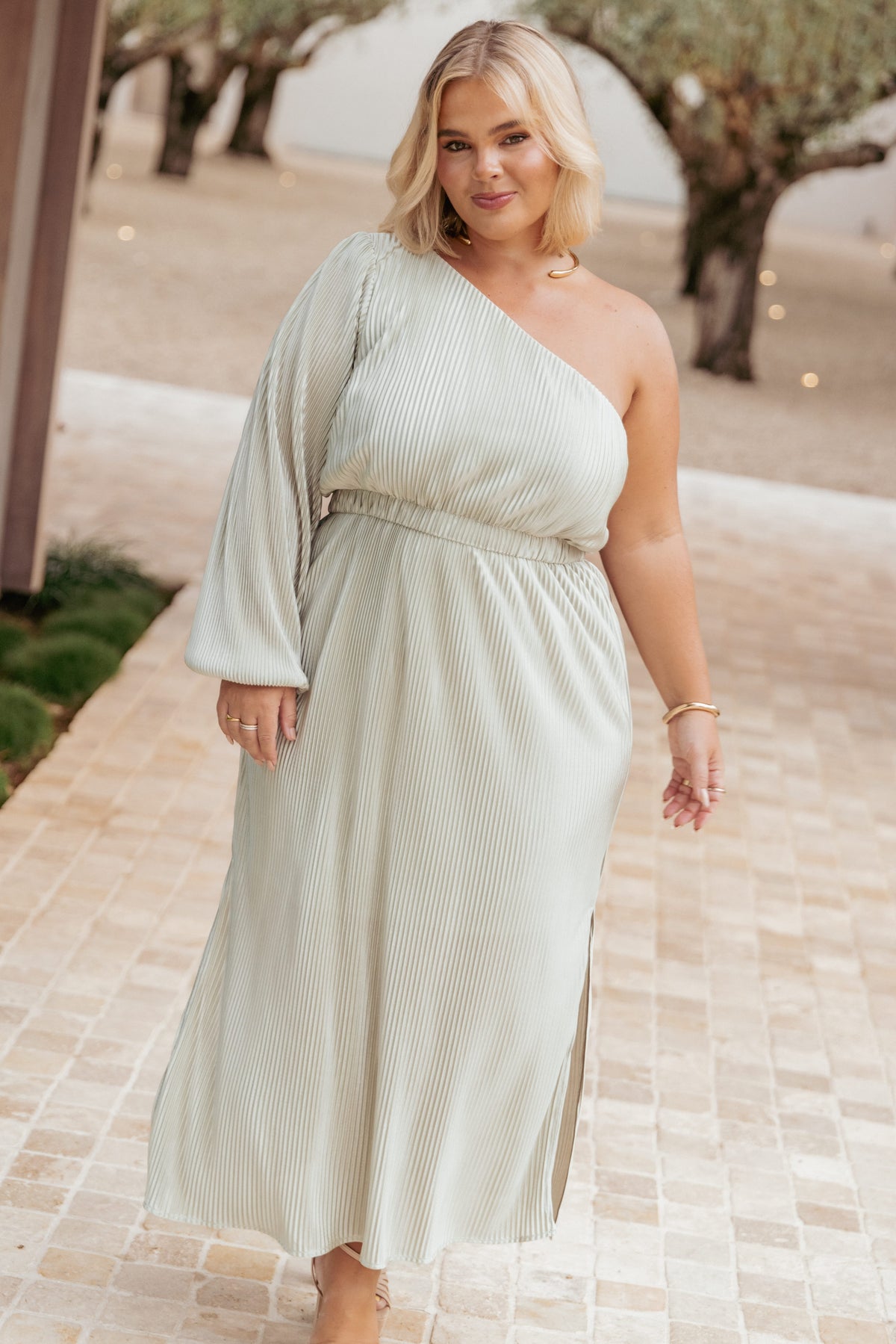 Pontee One Shoulder Pleated Midi Dress in Sage Green – view 1 of 8