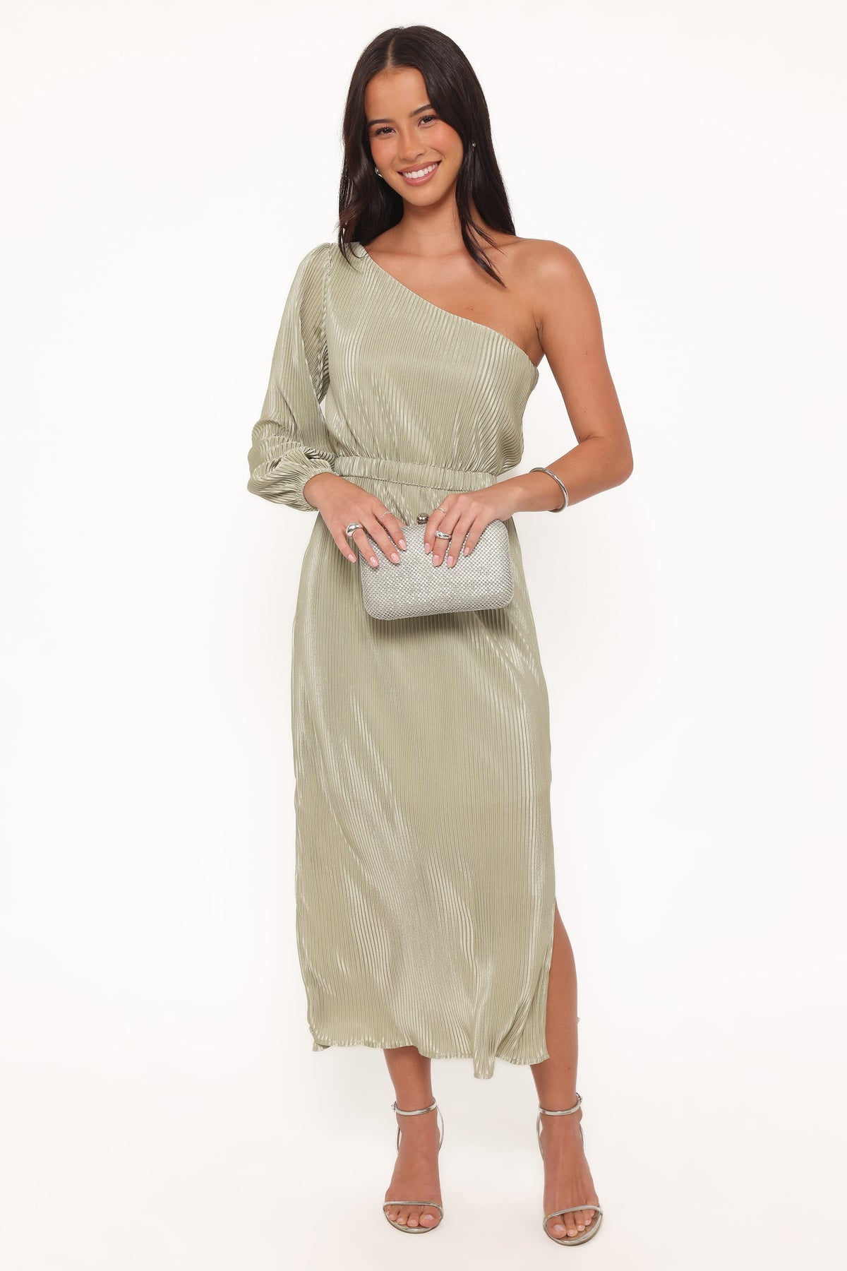 Pontee One Shoulder Pleated Midi Dress in Sage Green – view 6 of 8