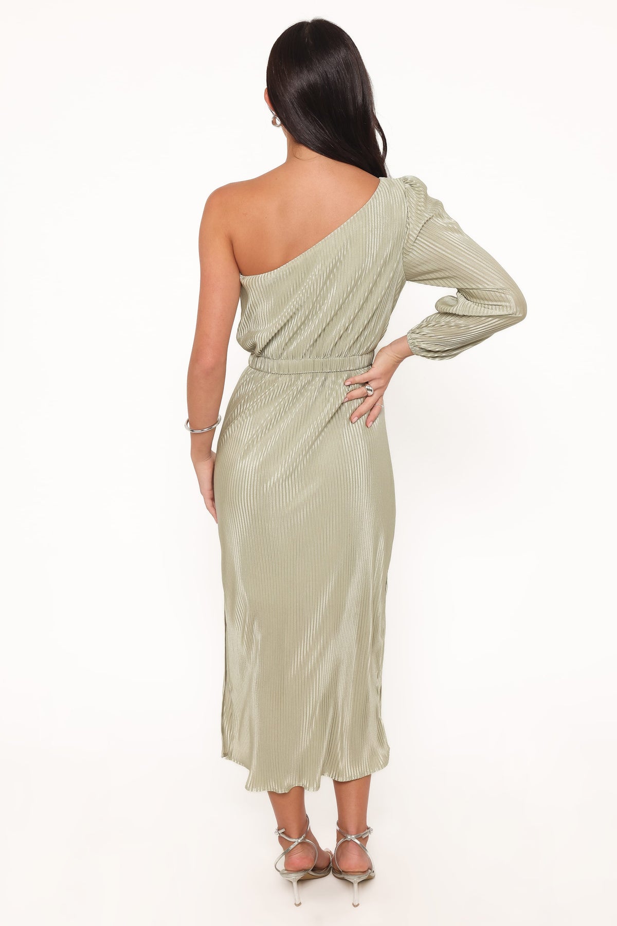 Pontee One Shoulder Pleated Midi Dress in Sage Green – view 4 of 8