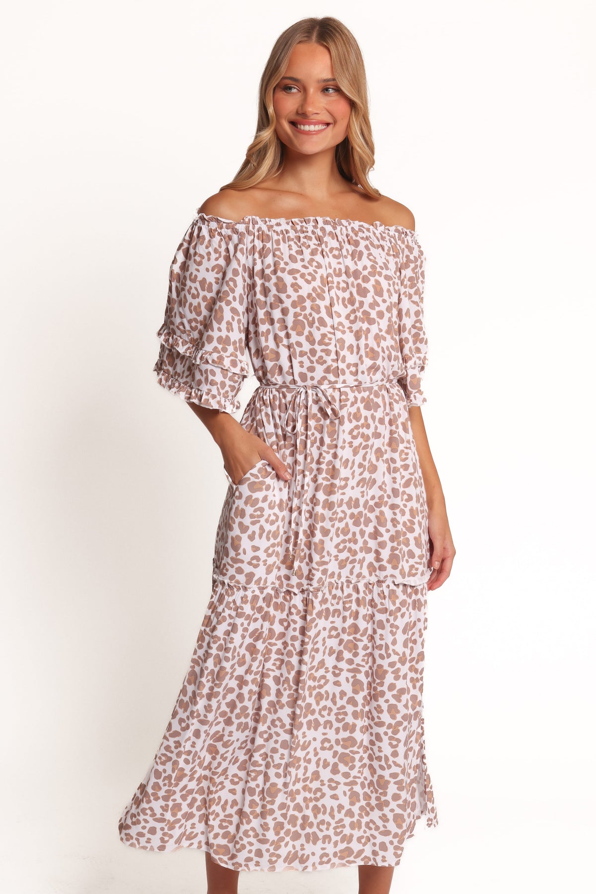 Rhody Off Shoulder Maxi Dress in White Leopard – view 1 of 6