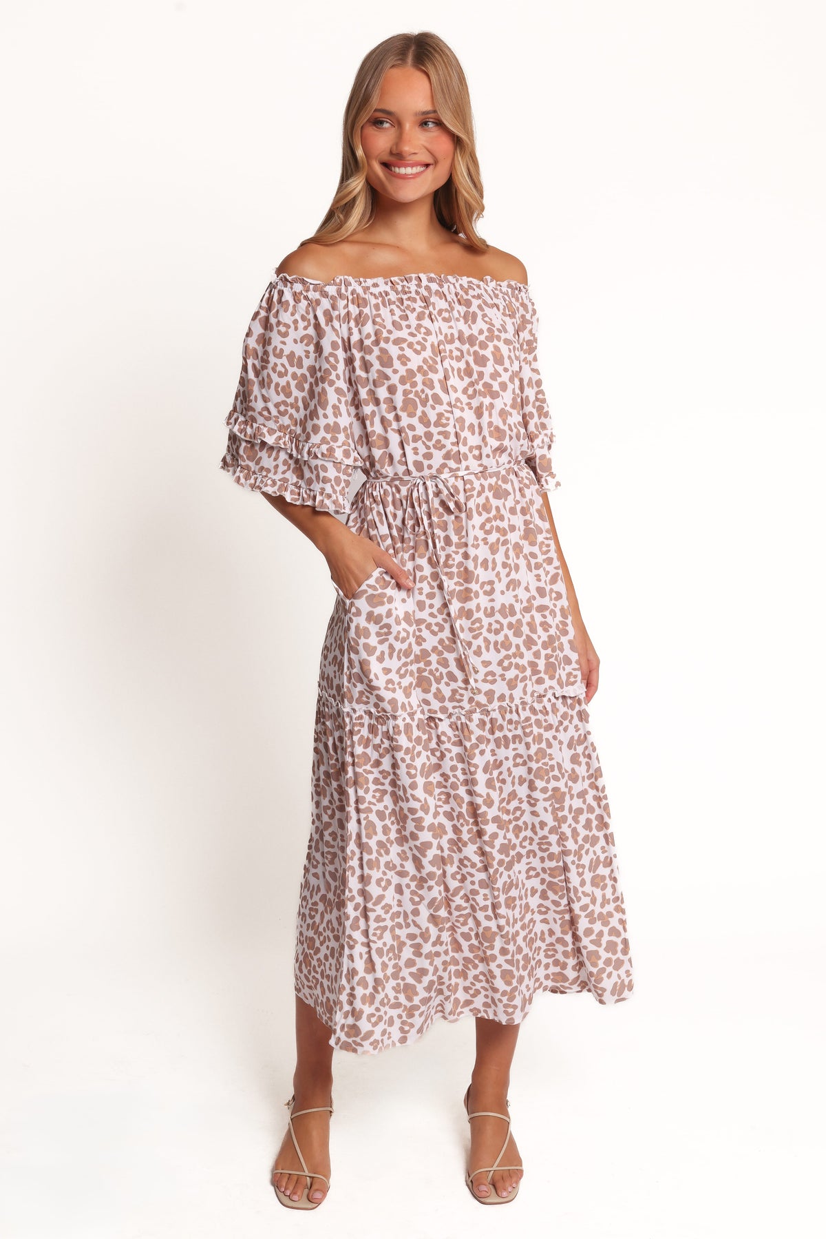 Rhody Off Shoulder Maxi Dress in White Leopard – view 5 of 6