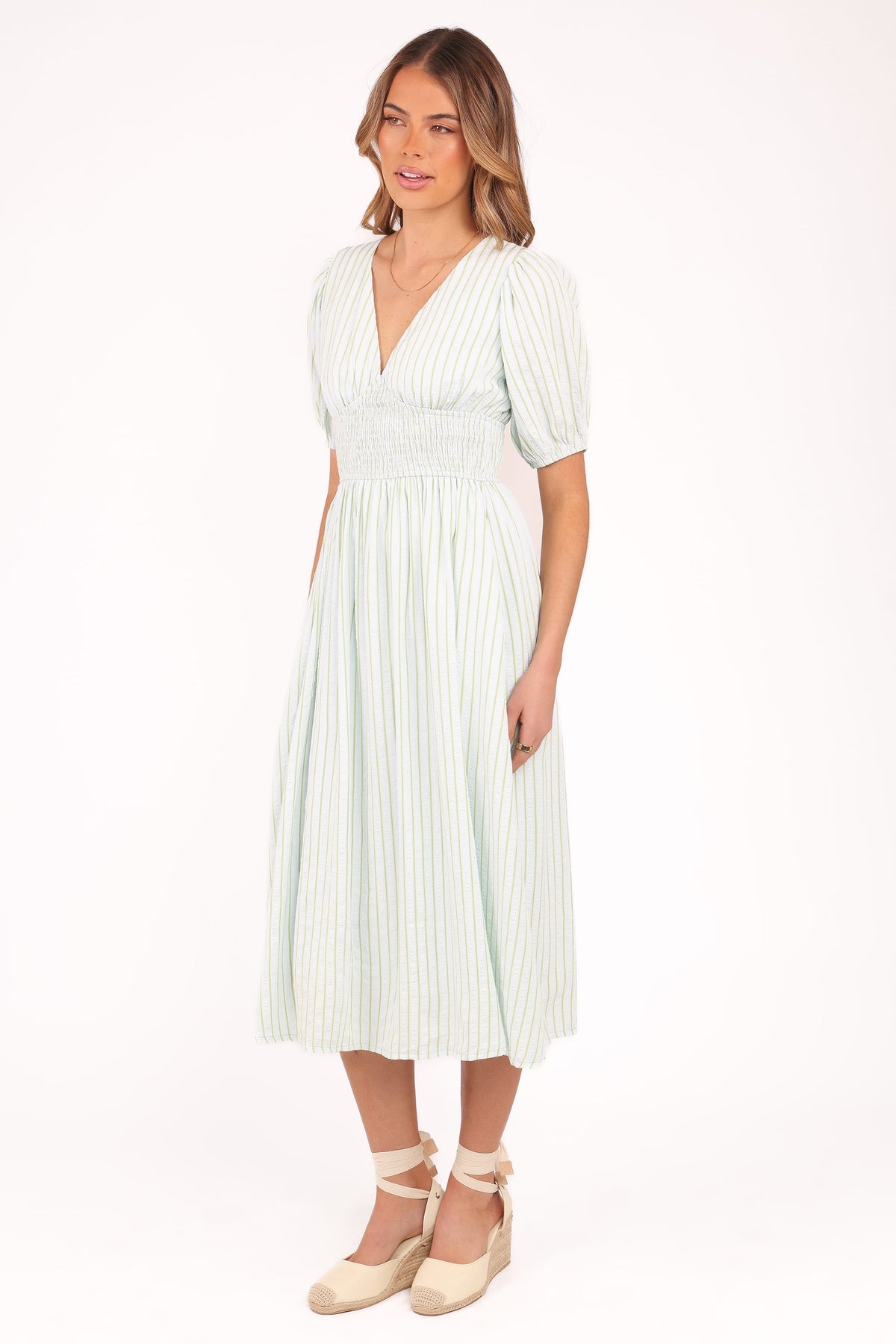 Ronnie Short Sleeve Midi Dress in Green Blue Stripe – view 5 of 8