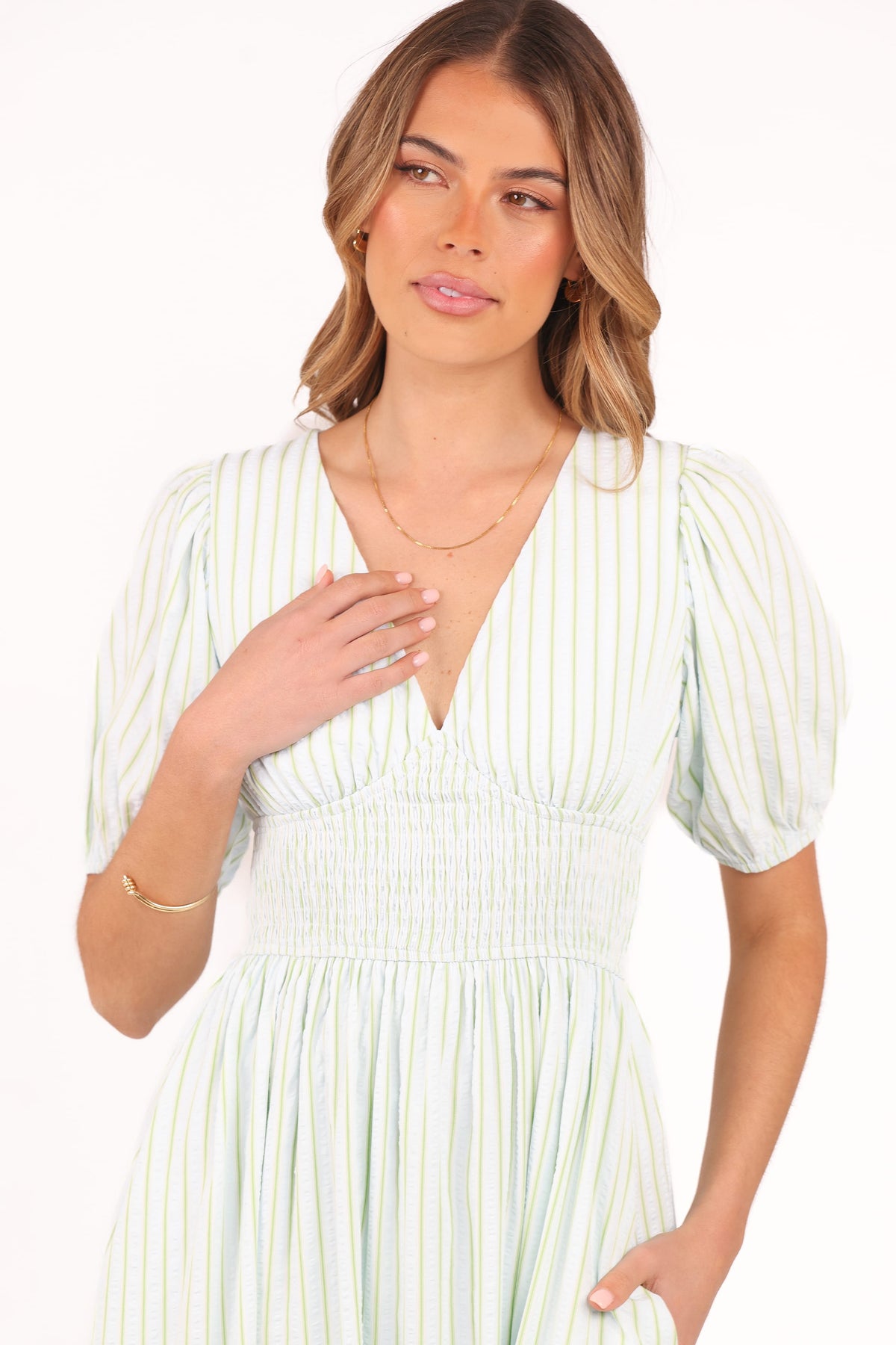 Ronnie Short Sleeve Midi Dress in Green Blue Stripe – view 6 of 8