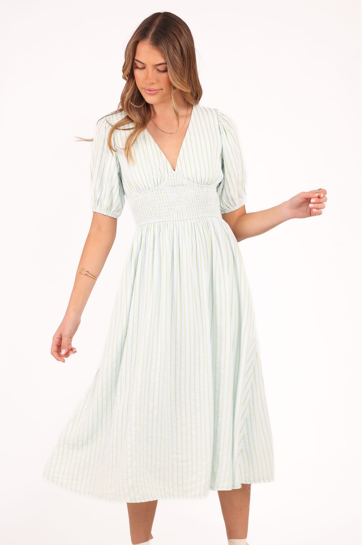 Ronnie Short Sleeve Midi Dress in Green Blue Stripe – view 2 of 8