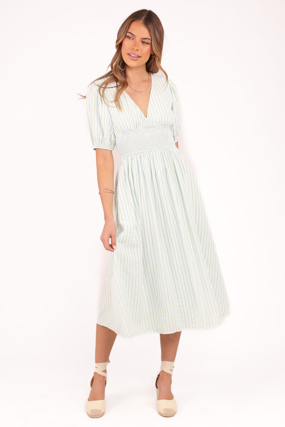 Ronnie Short Sleeve Midi Dress in Green Blue Stripe – view 3 of 8