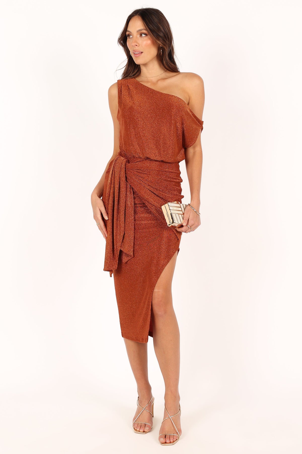 Santiago Off Shoulder Midi Dress in Bronze – view 1 of 9