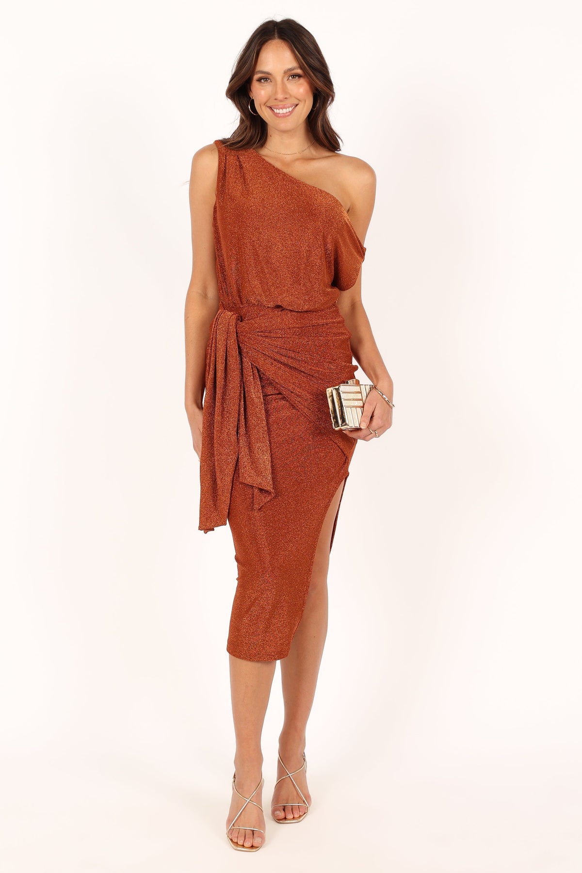 Santiago Off Shoulder Midi Dress in Bronze – view 6 of 9