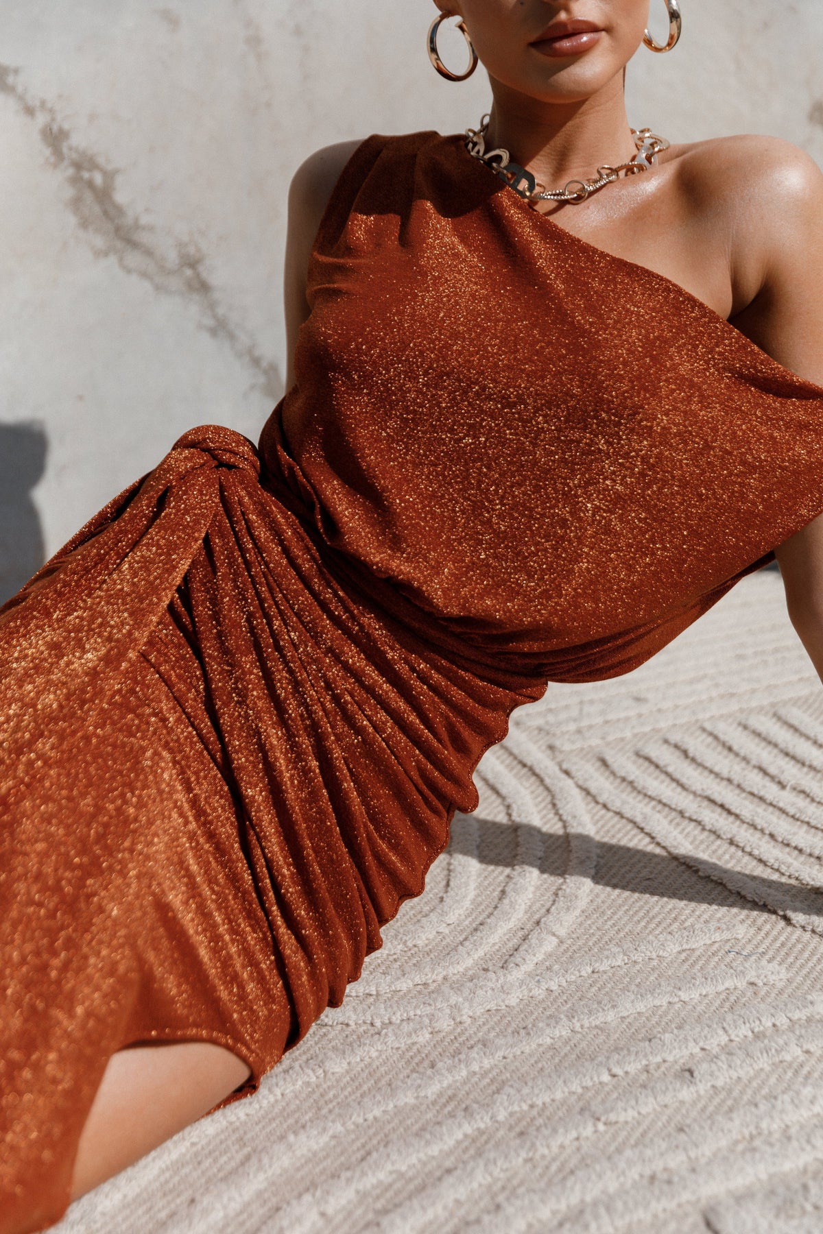Santiago Off Shoulder Midi Dress in Bronze – view 2 of 9