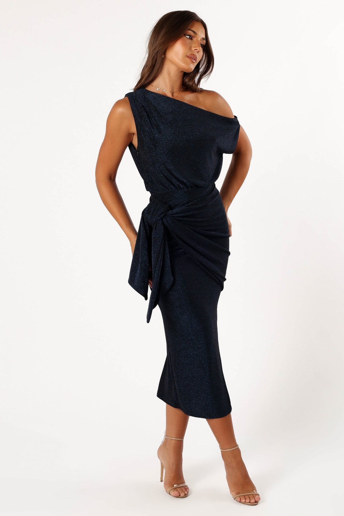 Santiago Off Shoulder Midi Dress in Navy – view 7 of 9