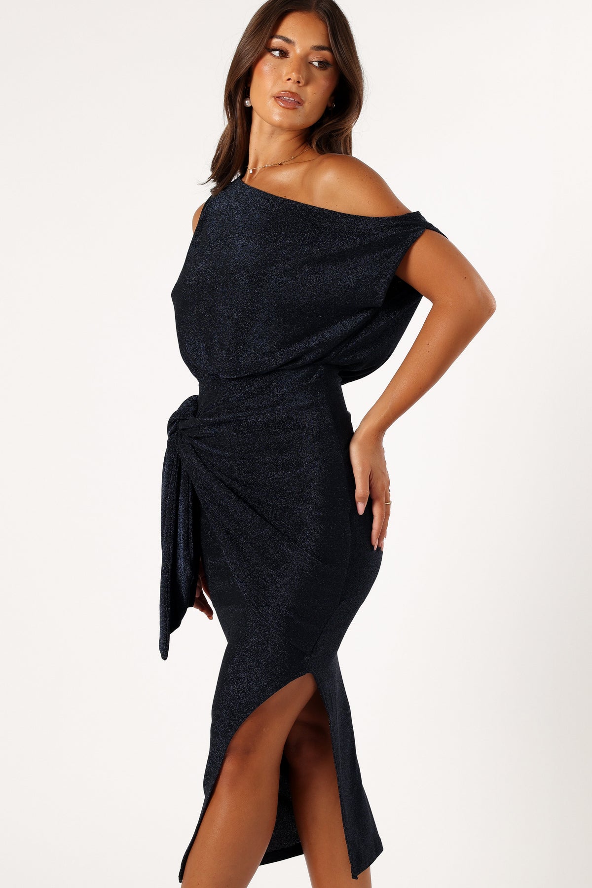 Santiago Off Shoulder Midi Dress in Navy – view 4 of 9