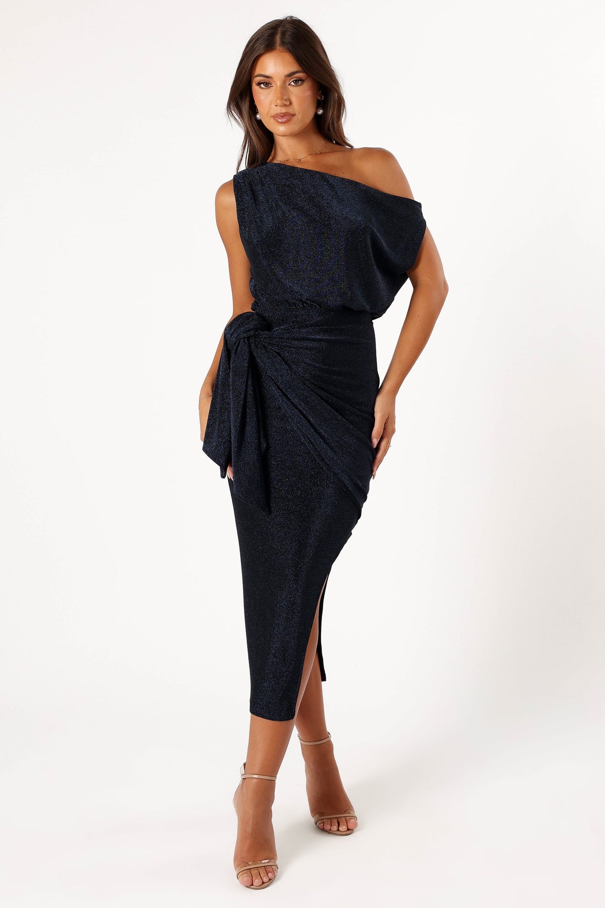Santiago Off Shoulder Midi Dress in Navy – view 2 of 9