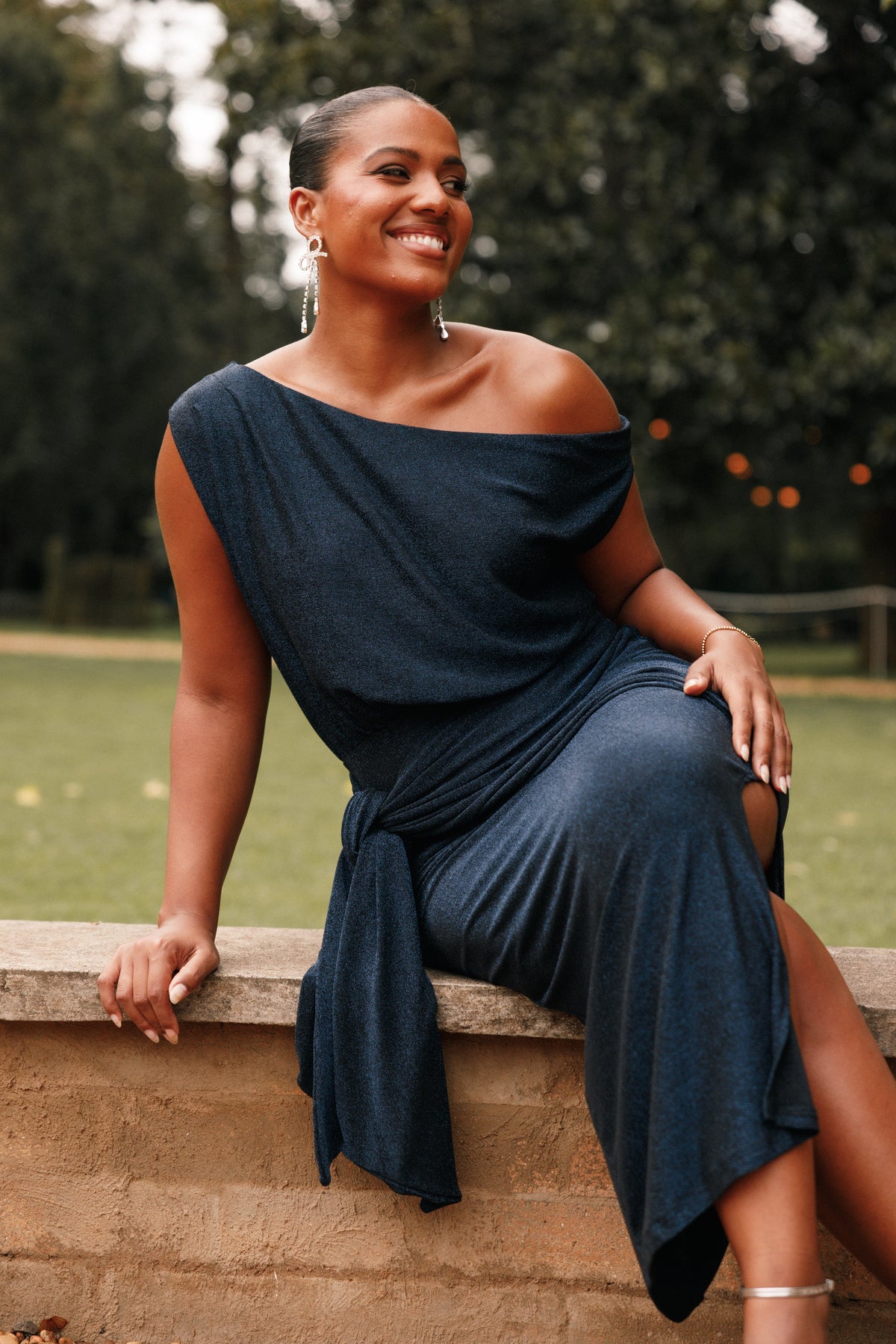 Santiago Off Shoulder Midi Dress in Navy – view 3 of 9