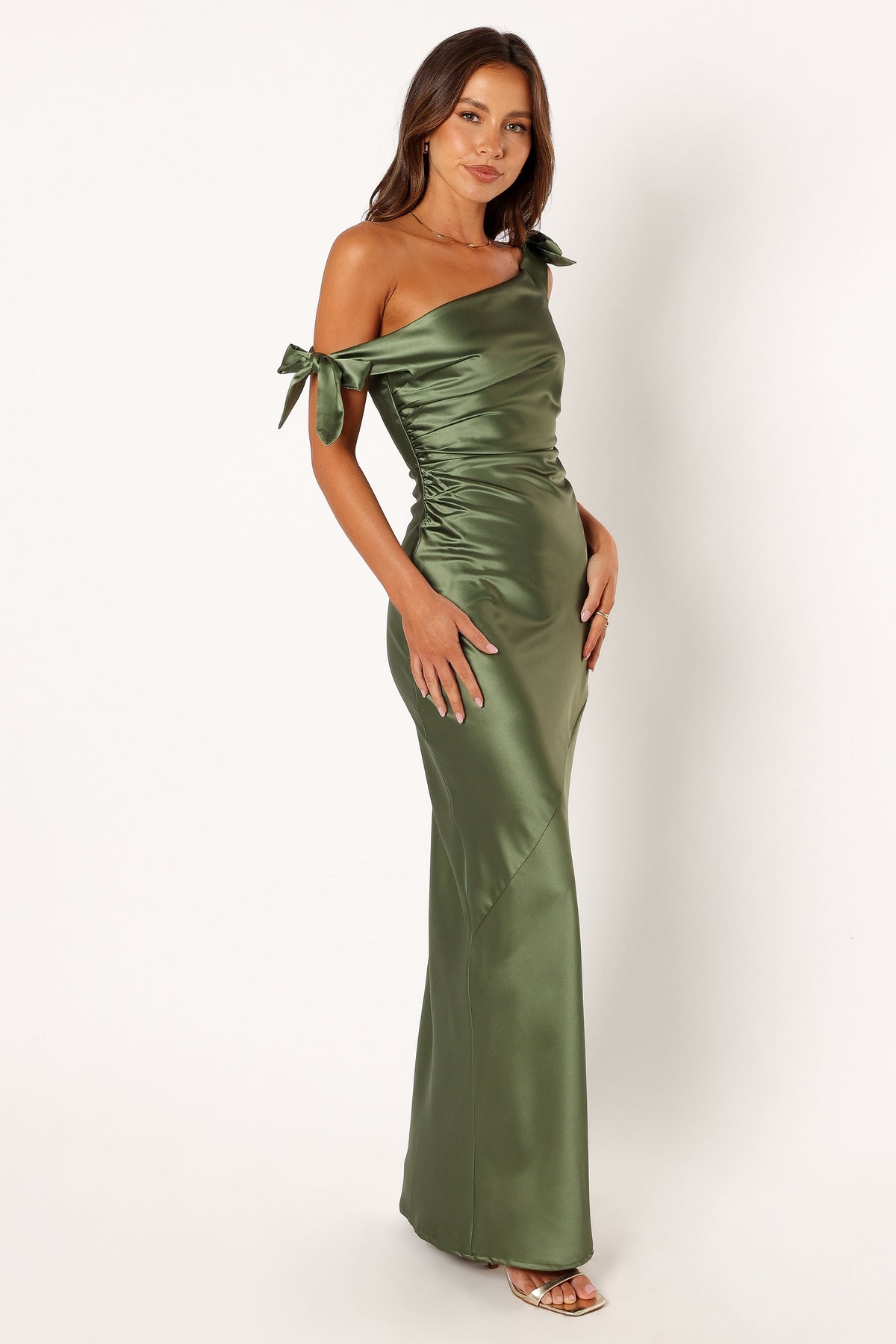 Selma Off Shoulder Maxi Dress in Olive – view 1 of 7