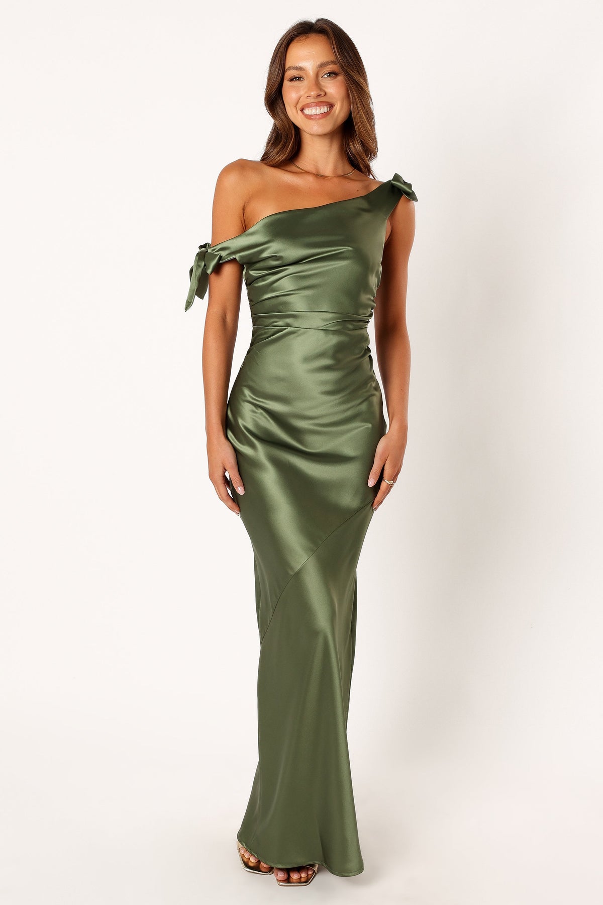 Selma Off Shoulder Maxi Dress in Olive – view 2 of 7