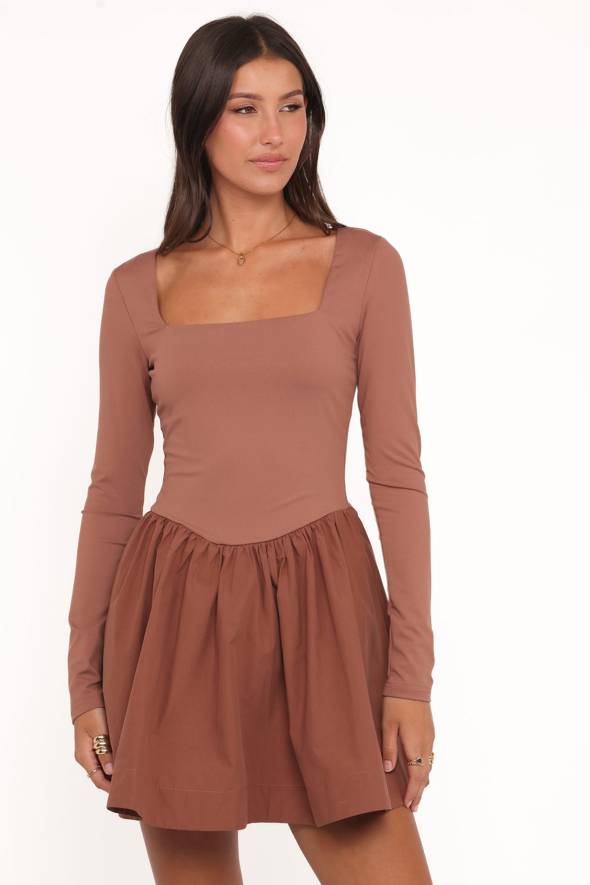 Sheena Long Sleeve Mini Dress in Mocha – view 1 of 8