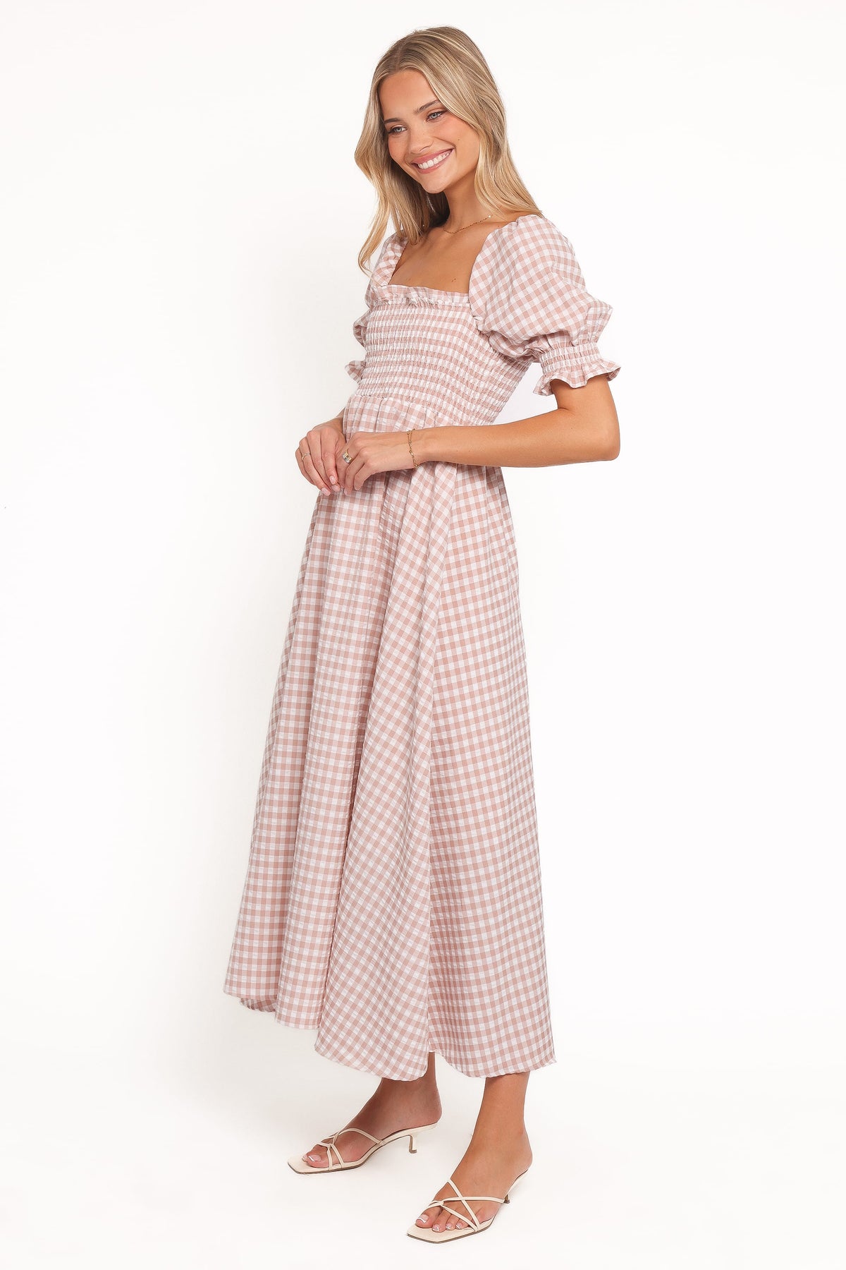 Siun Short Sleeve Midi Dress in Brown Gingham – view 3 of 6