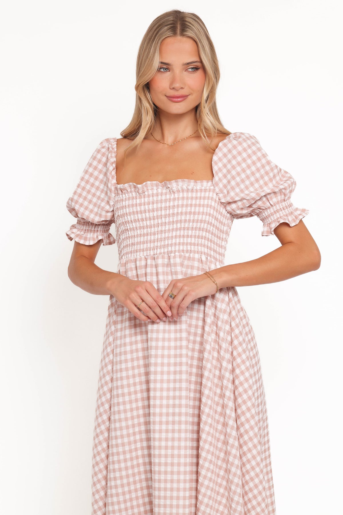 Siun Short Sleeve Midi Dress in Brown Gingham – view 2 of 6