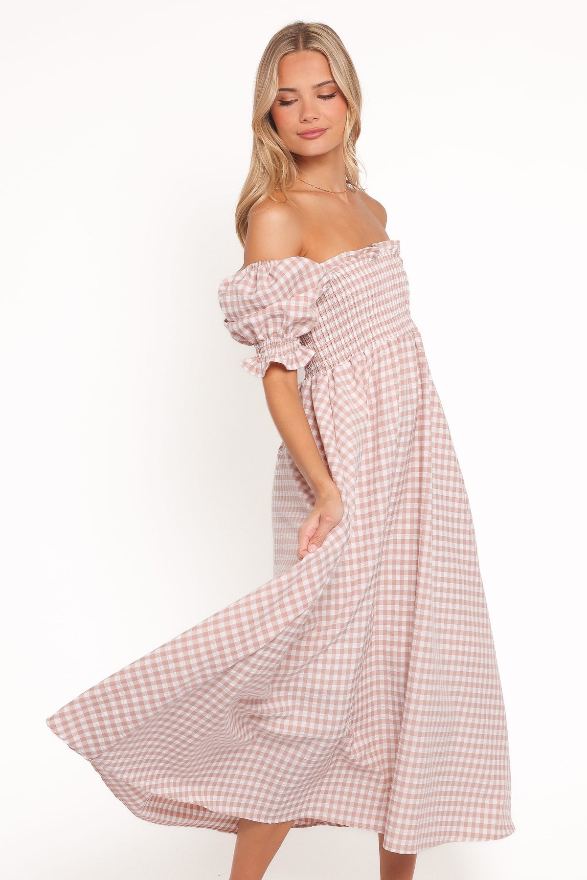 Siun Short Sleeve Midi Dress in Brown Gingham – view 5 of 6