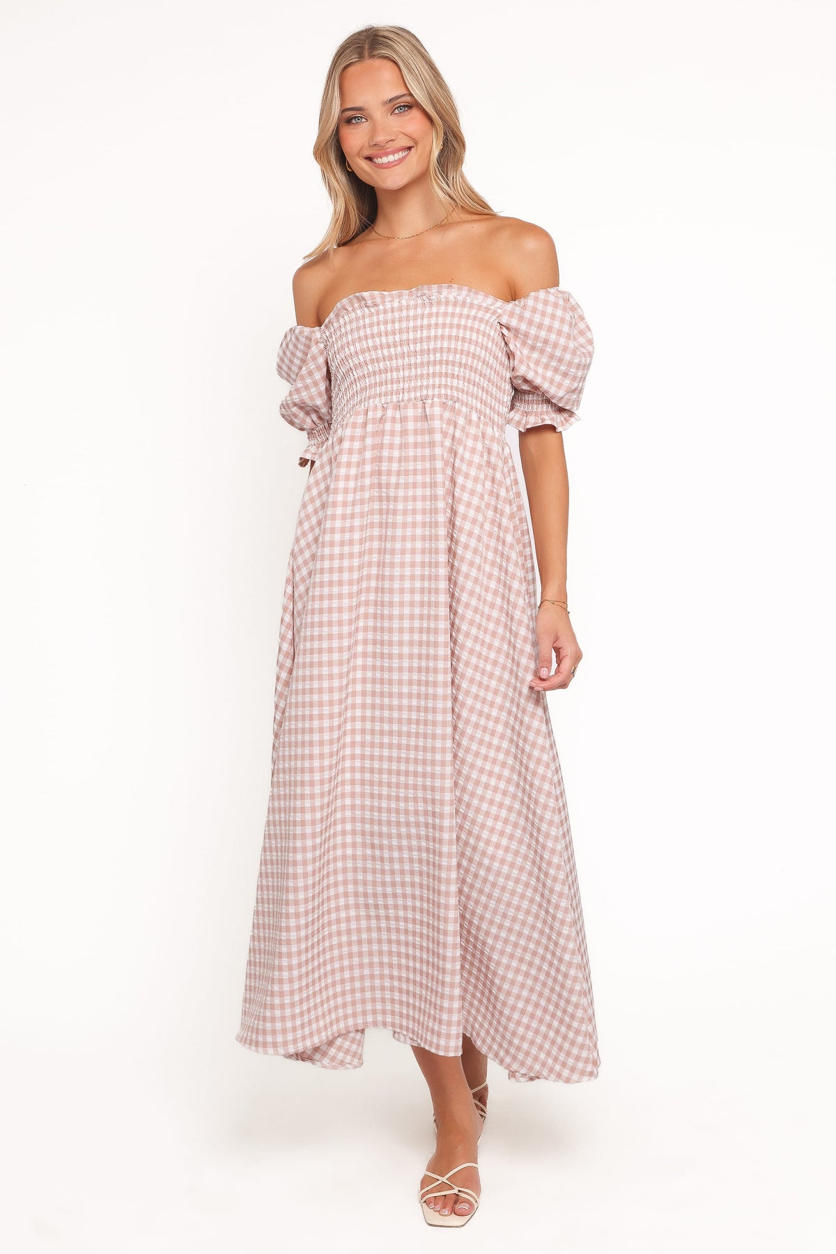 Siun Short Sleeve Midi Dress in Brown Gingham – view 1 of 6