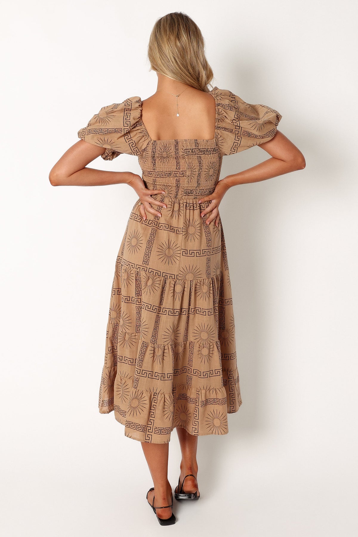 Soliel Puff Sleeve Midi Dress in Tan Black – view 4 of 10
