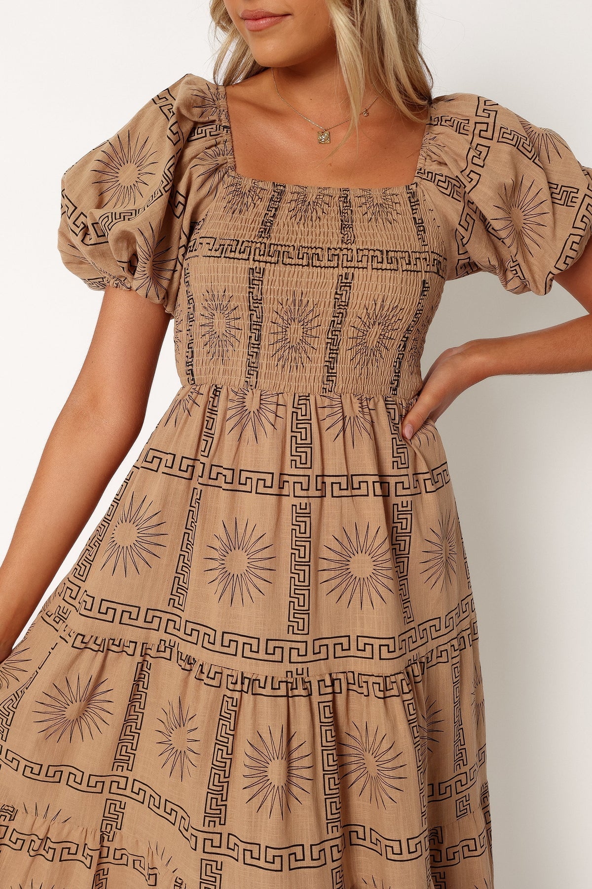 Soliel Puff Sleeve Midi Dress in Tan Black – view 2 of 10
