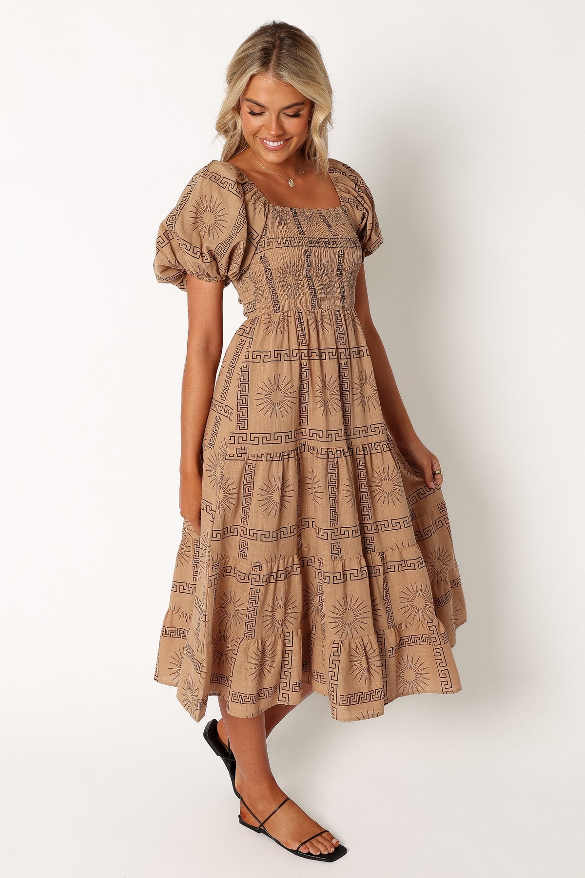 Soliel Puff Sleeve Midi Dress in Tan Black – view 7 of 10