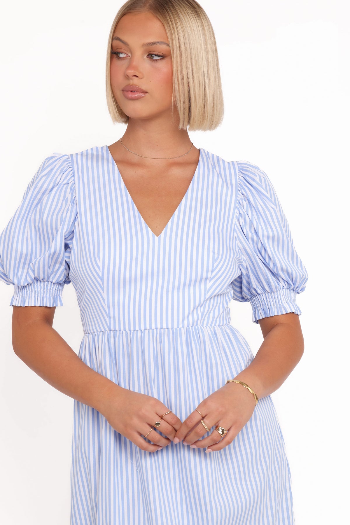 Steele Puff Sleeve Midi Dress in Blue Stripe – view 3 of 8