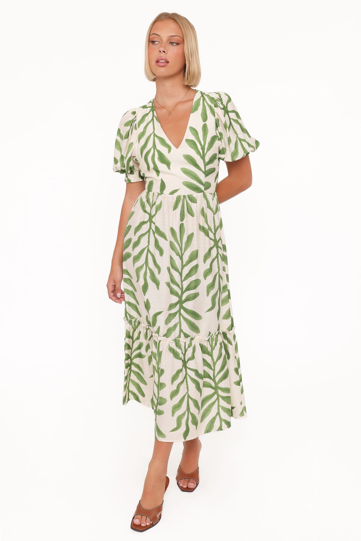Steele Puff Sleeve Midi Dress in Green Palm – view 1 of 6