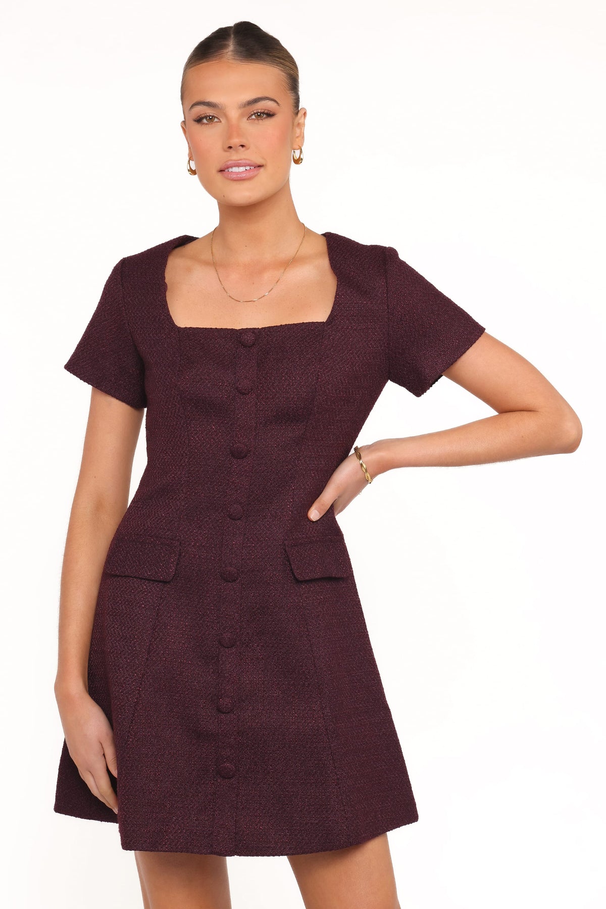 Sutton Mini Dress in Plum Tweed – view 1 of 6