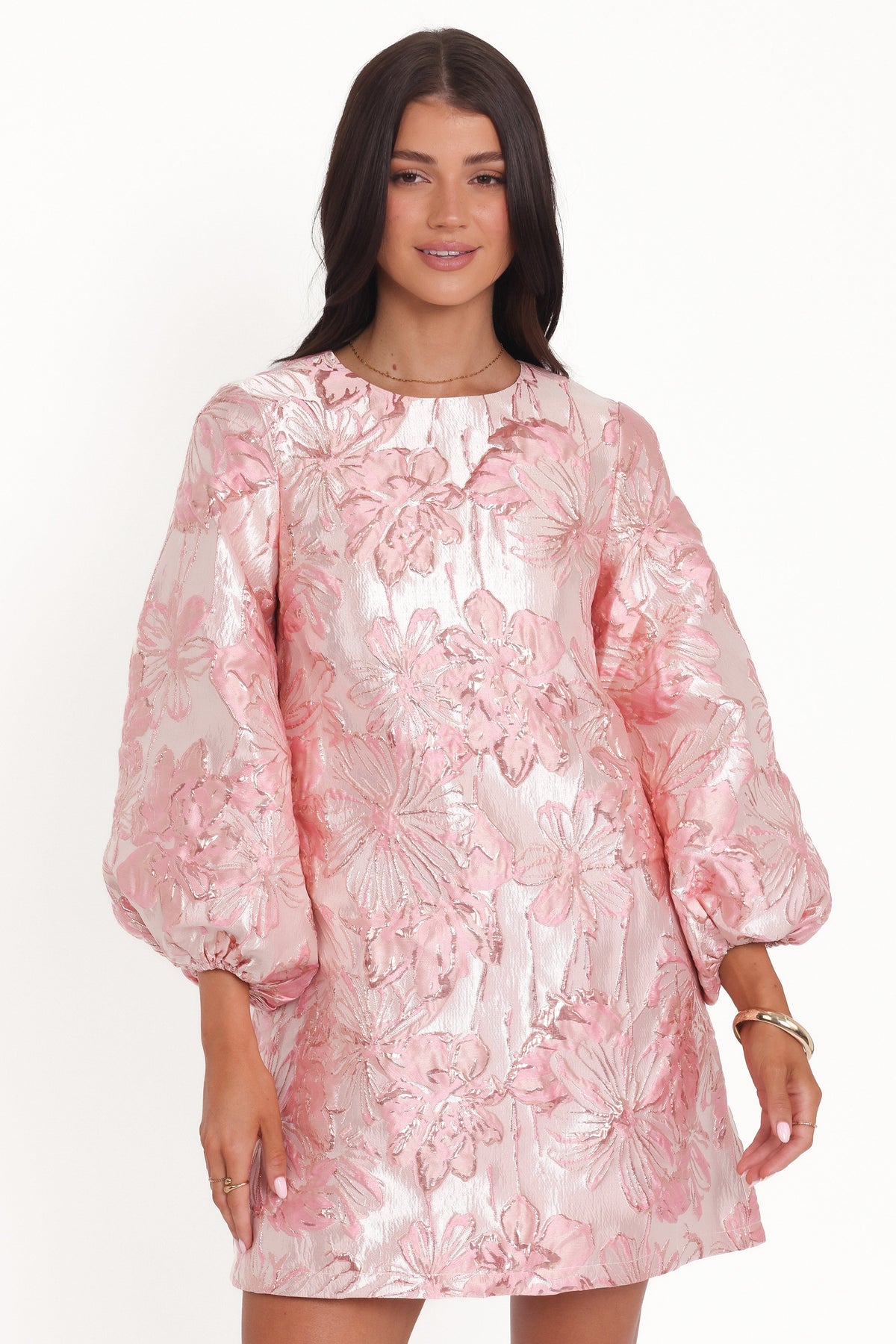 Treloar Long Sleeve Mini Dress in Pink Brocade – view 6 of 9