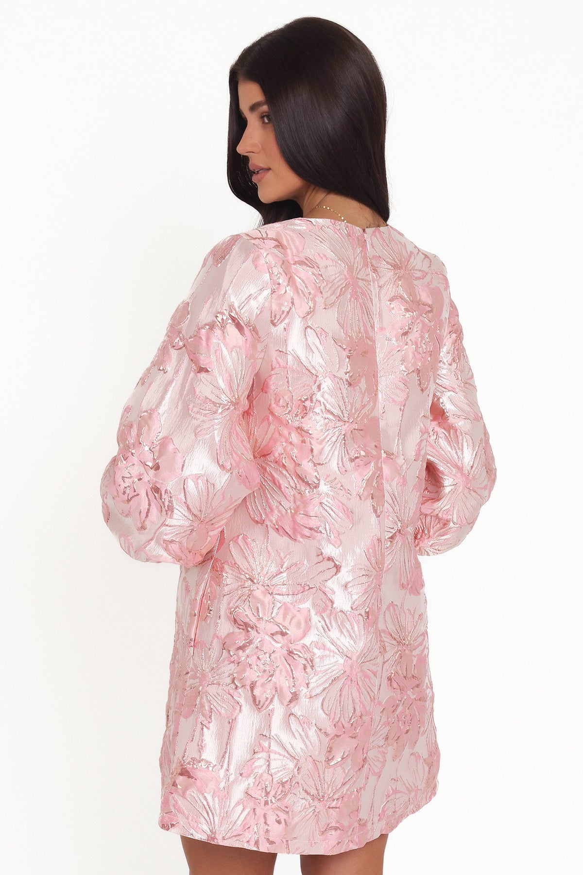 Treloar Long Sleeve Mini Dress in Pink Brocade – view 5 of 9