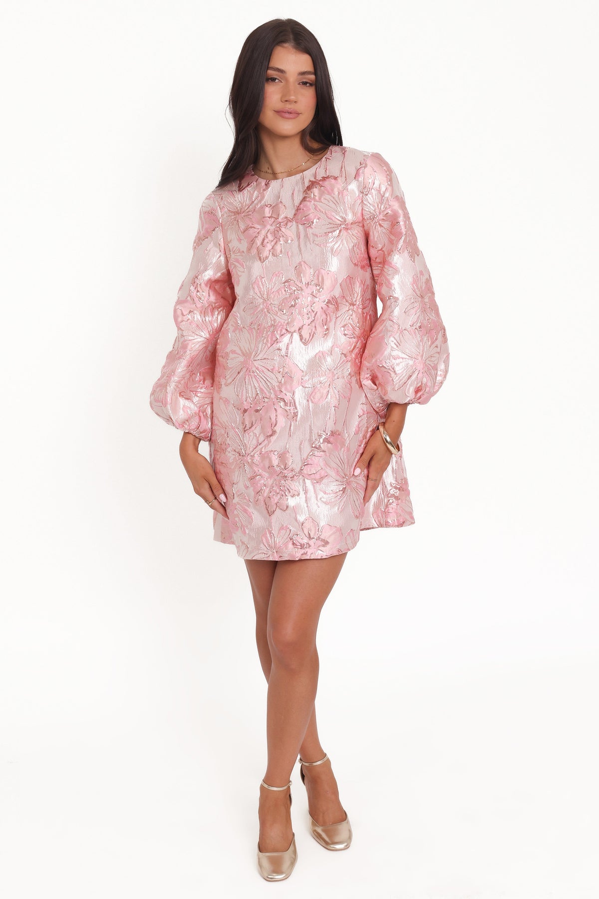 Treloar Long Sleeve Mini Dress in Pink Brocade – view 2 of 9