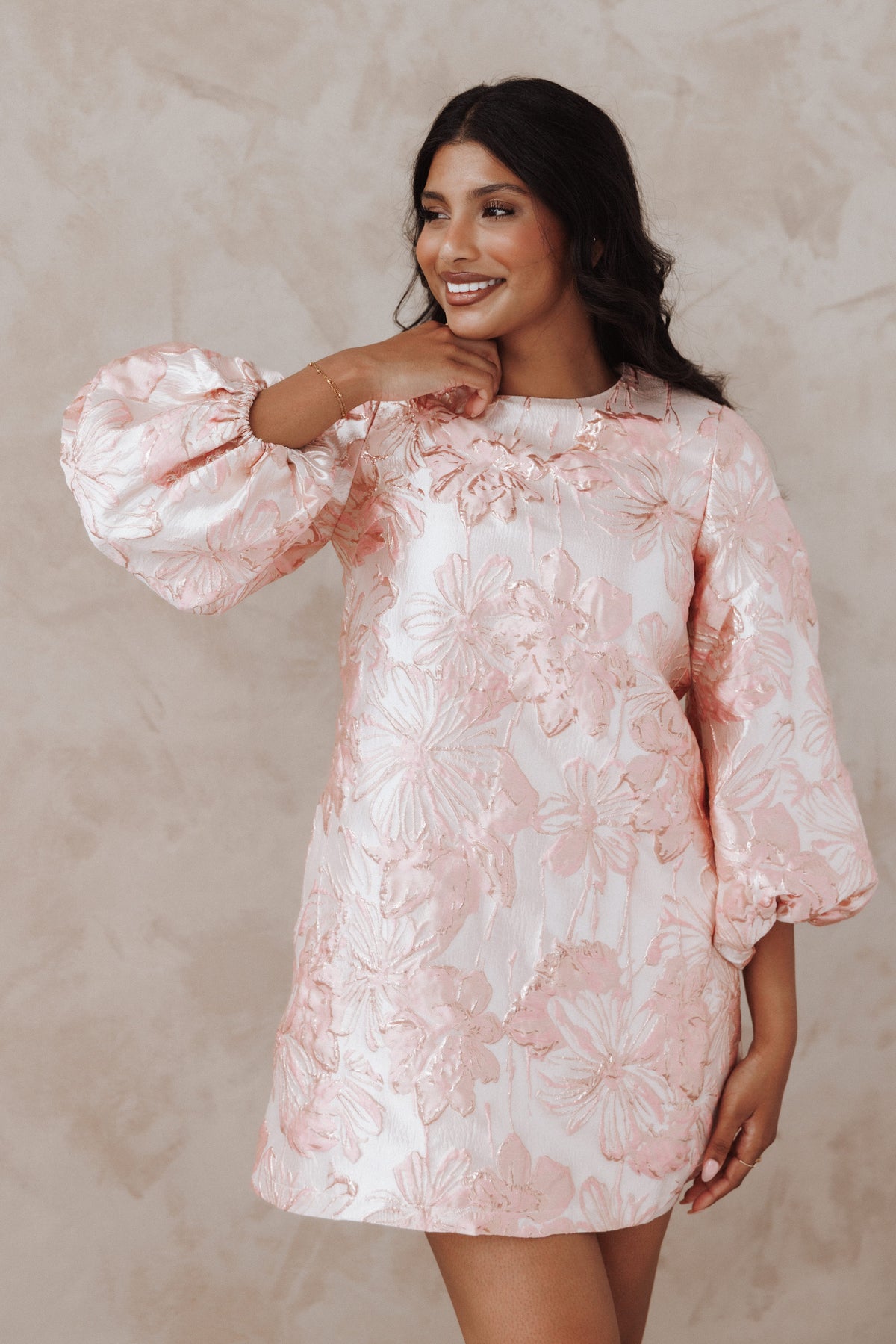 Treloar Long Sleeve Mini Dress in Pink Brocade – view 9 of 9