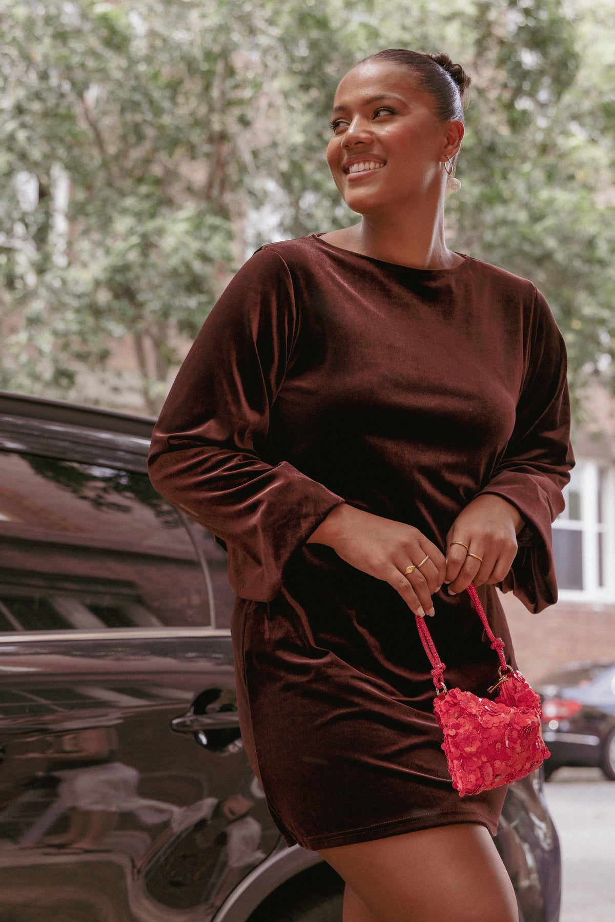 Twylar Long Sleeve Velvet Mini Dress in Brown – view 8 of 8