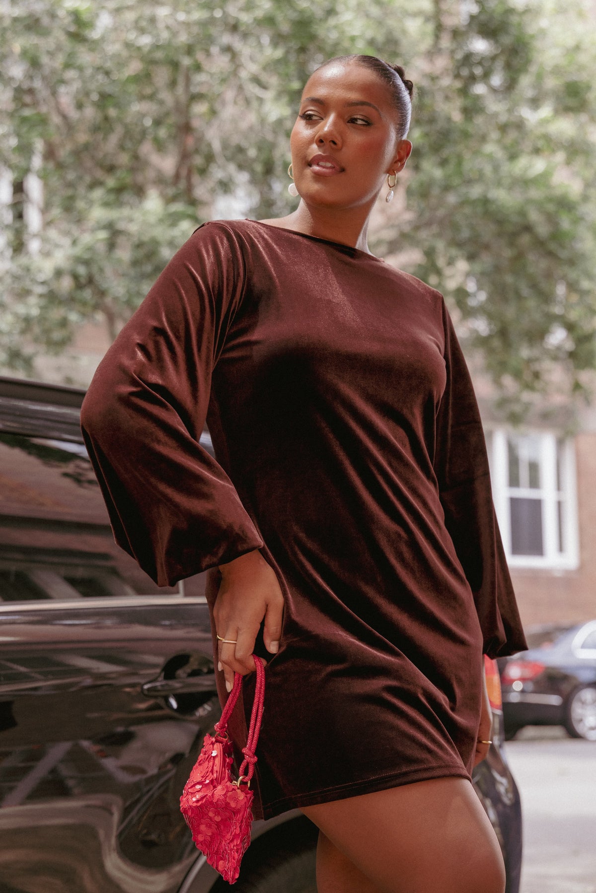 Twylar Long Sleeve Velvet Mini Dress in Brown – view 1 of 8