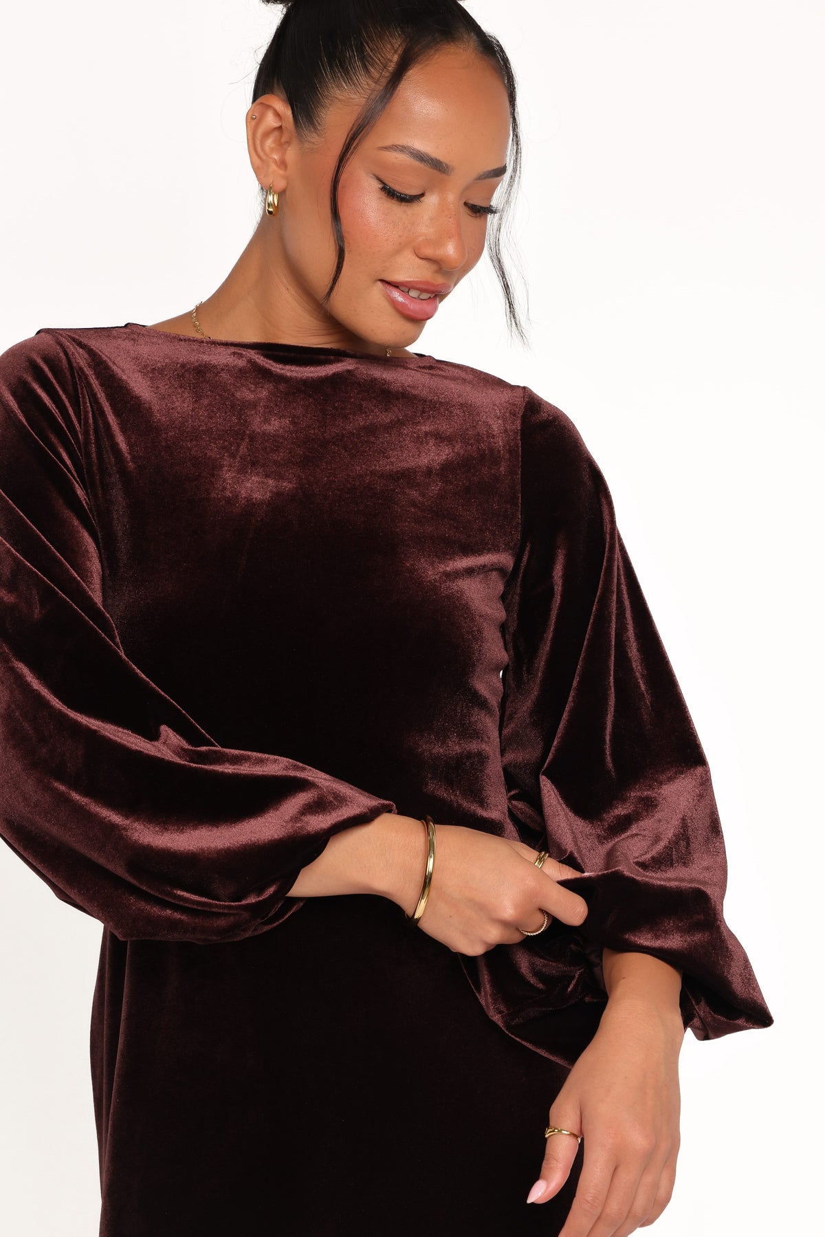 Twylar Long Sleeve Velvet Mini Dress in Brown – view 6 of 8
