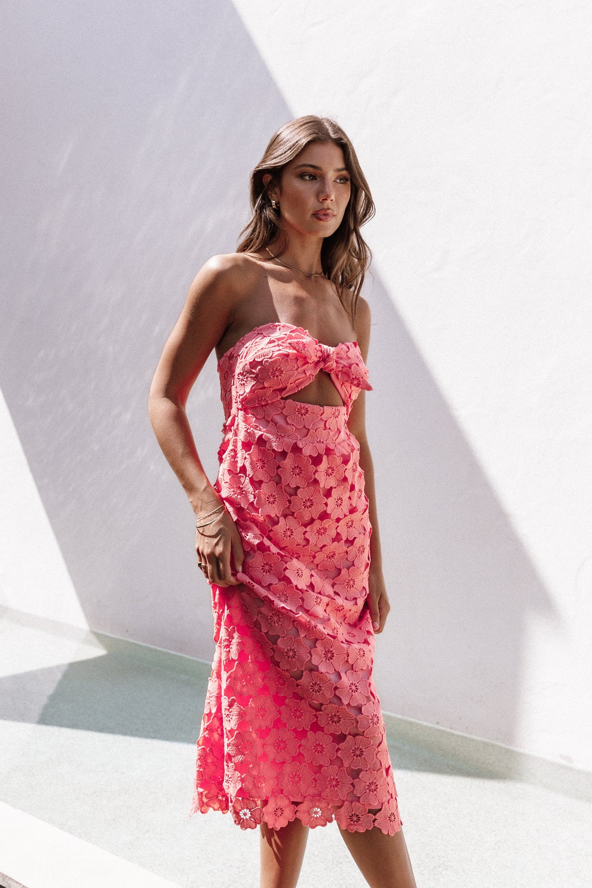 Tyler Strapless Midi Dress in Watermelon – view 1 of 11